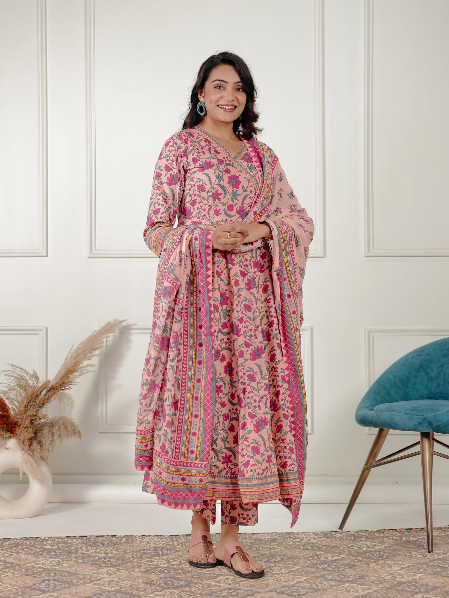 Soft Cotton Floral Angrakha Peach Kurta