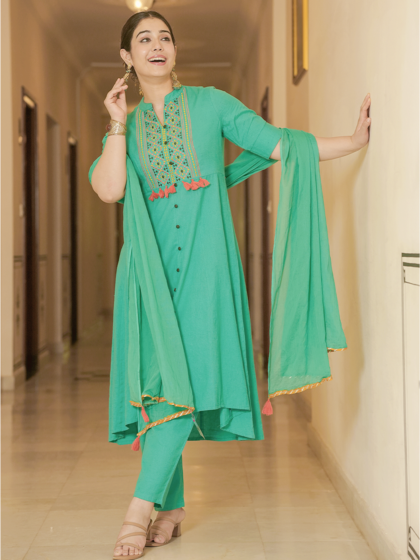 Embroidered Linen Cotton Solid High Low Mint Green Kurta