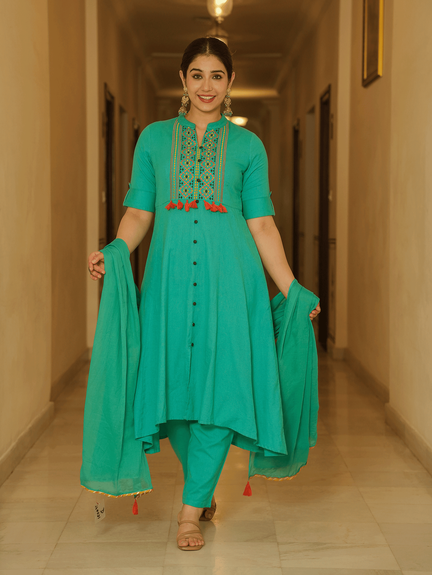 Embroidered Linen Cotton Solid High Low Mint Green Kurta
