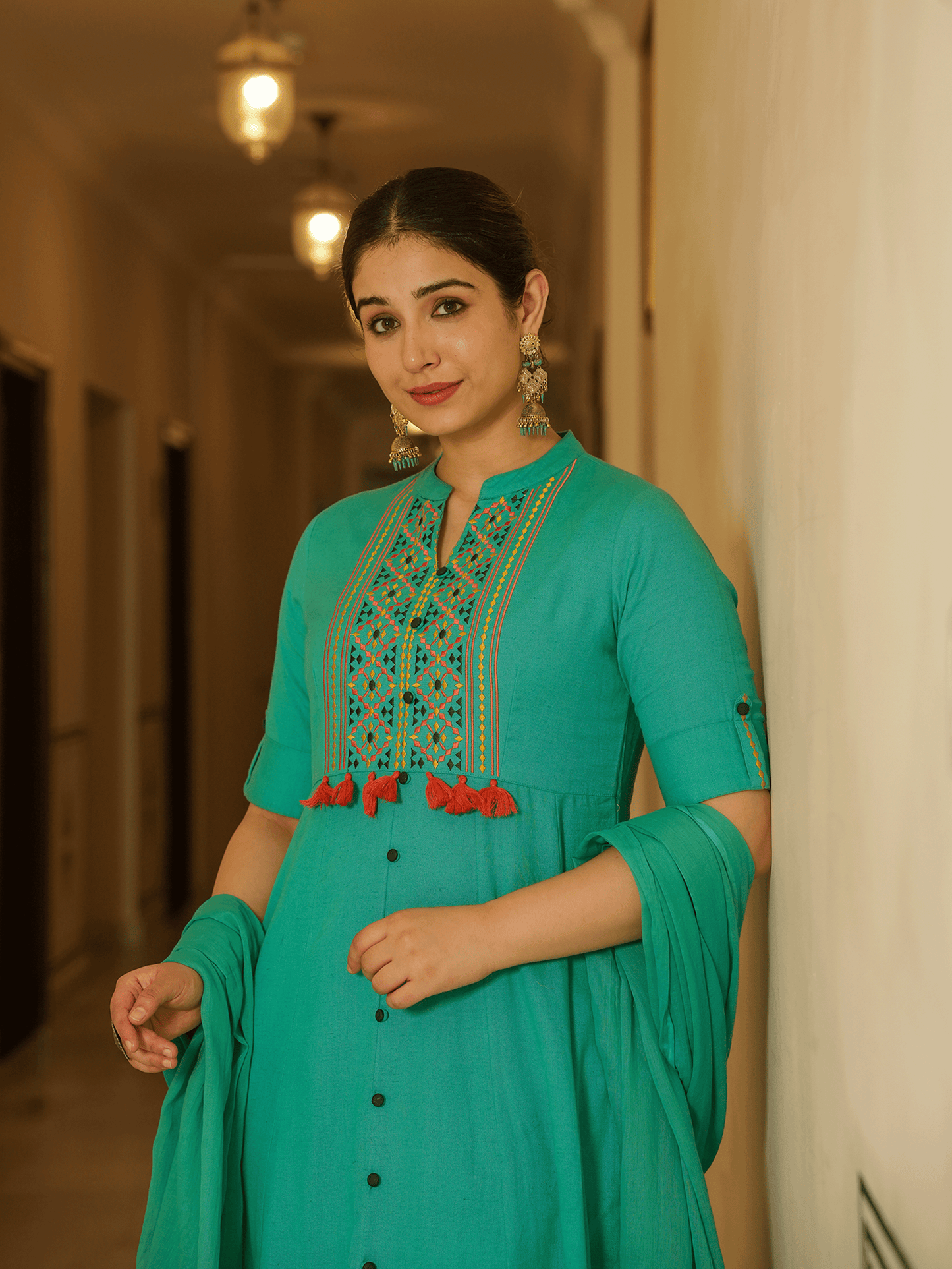 Embroidered Linen Cotton Solid High Low Mint Green Kurta
