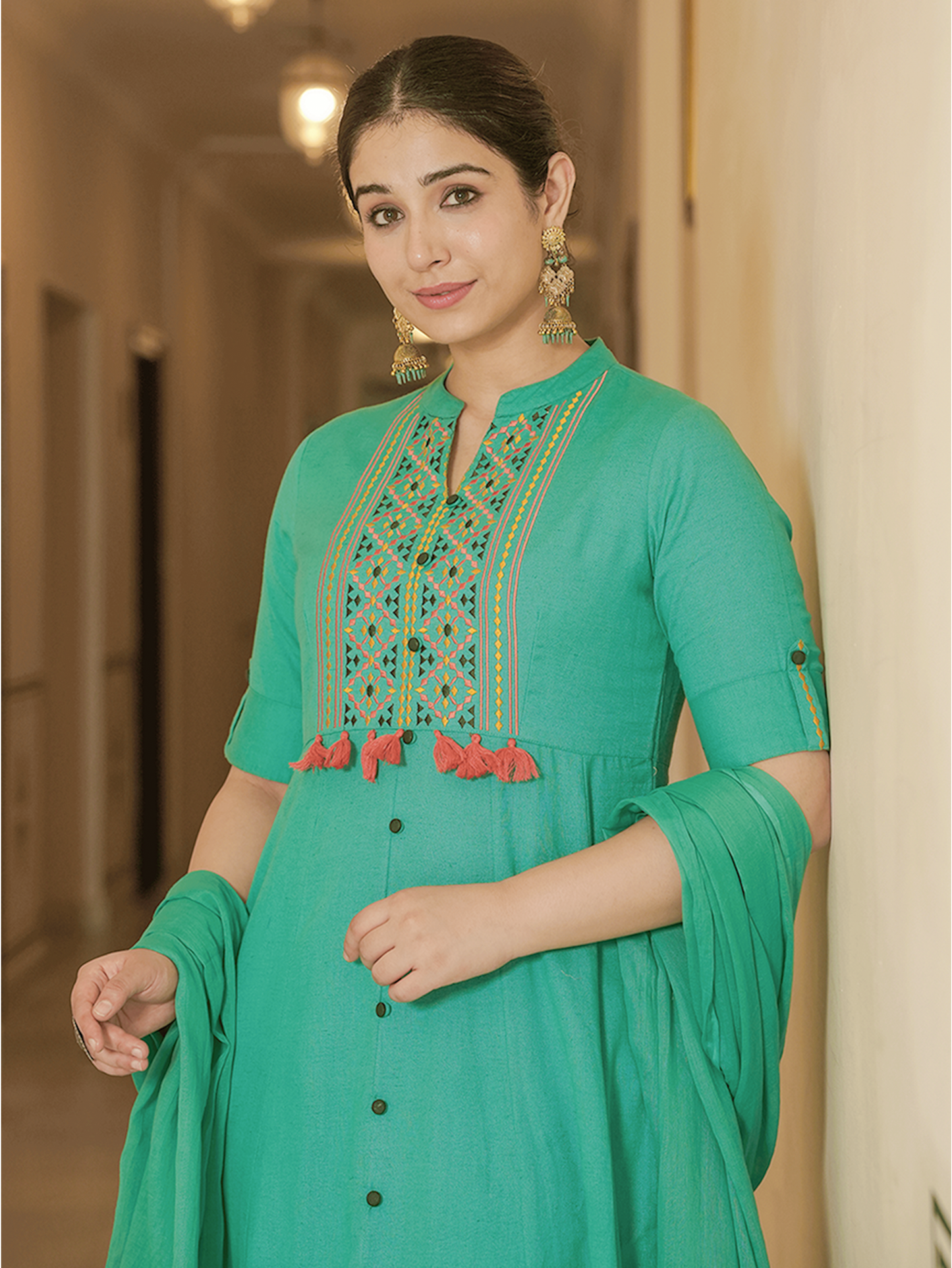 Embroidered Linen Cotton Solid High Low Mint Green Kurta