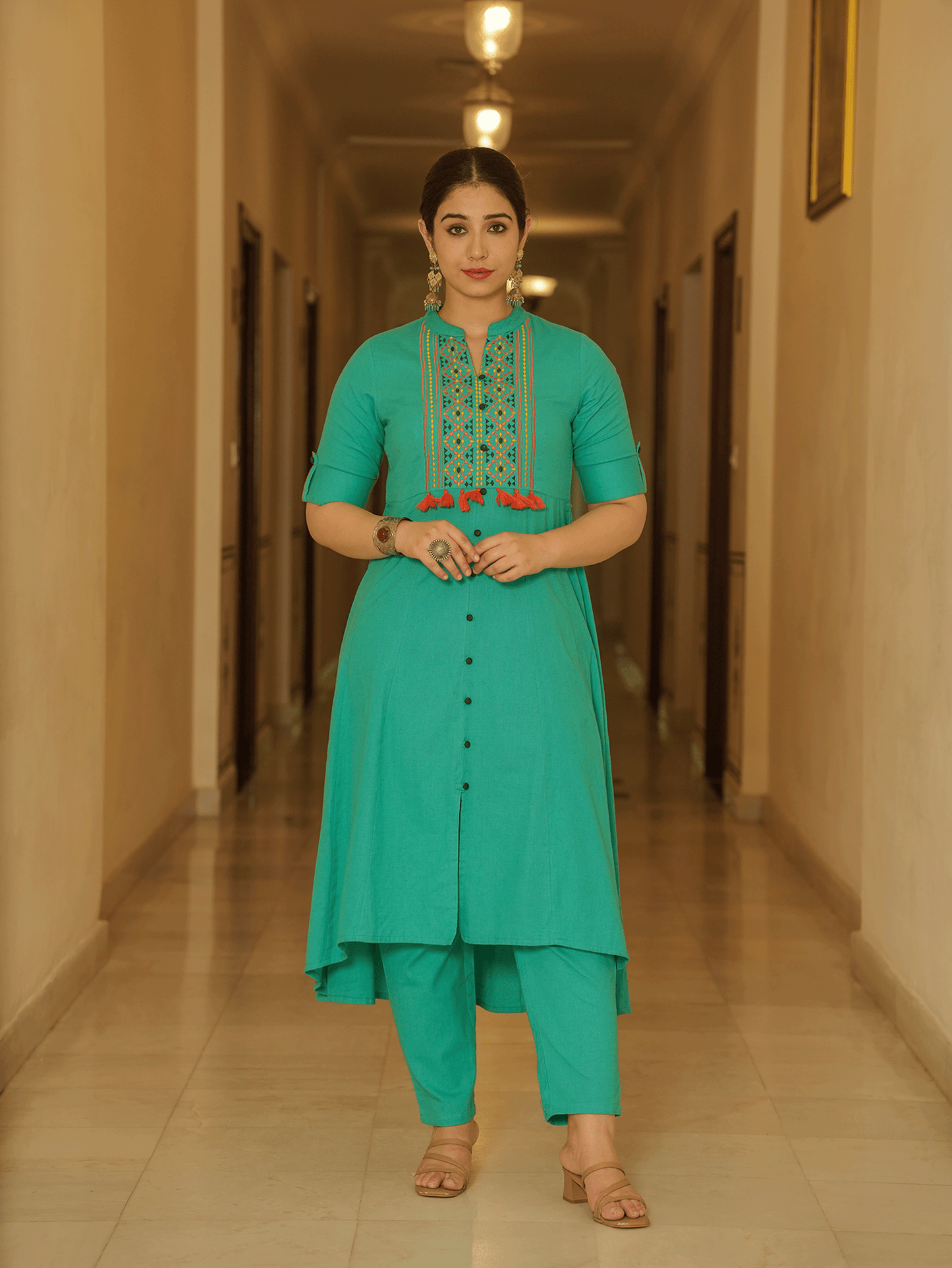 Embroidered Linen Cotton Solid High Low Mint Green Kurta