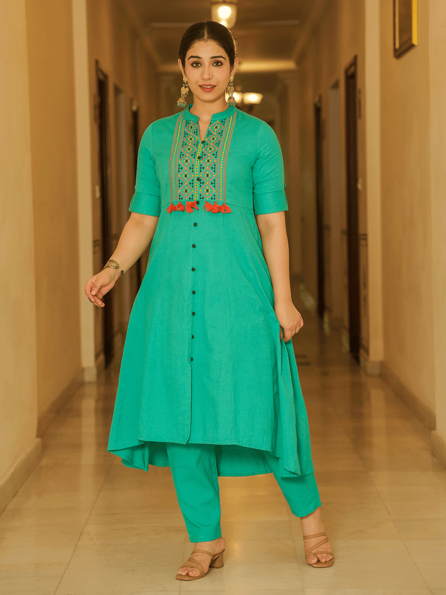 Embroidered Linen Cotton Solid High Low Mint Green Kurta