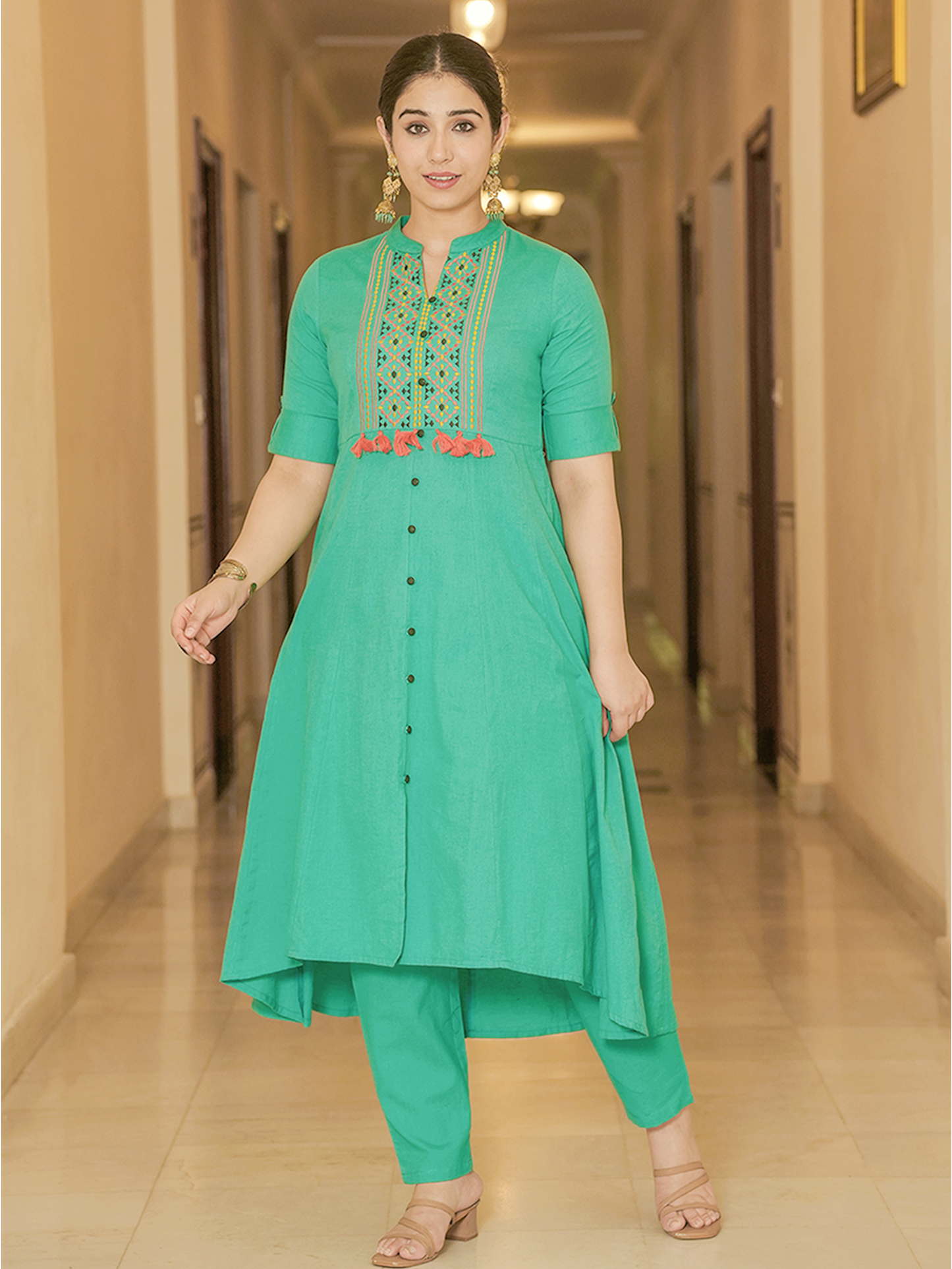 Embroidered Linen Cotton Solid High Low Mint Green Kurta
