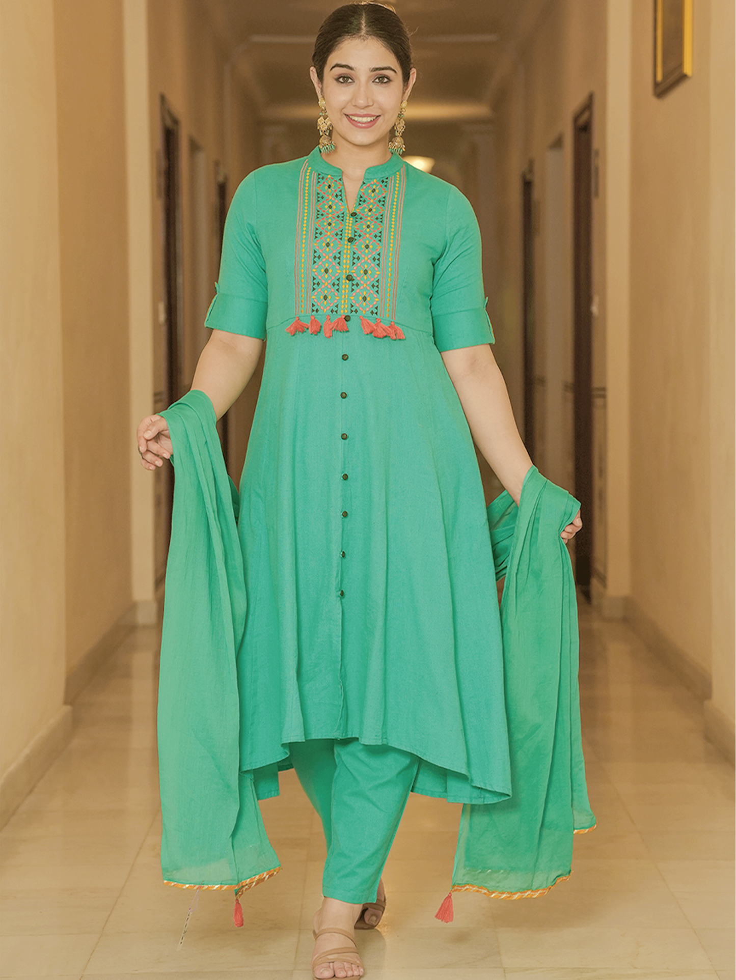 Embroidered Linen Cotton Solid High Low Mint Green Kurta