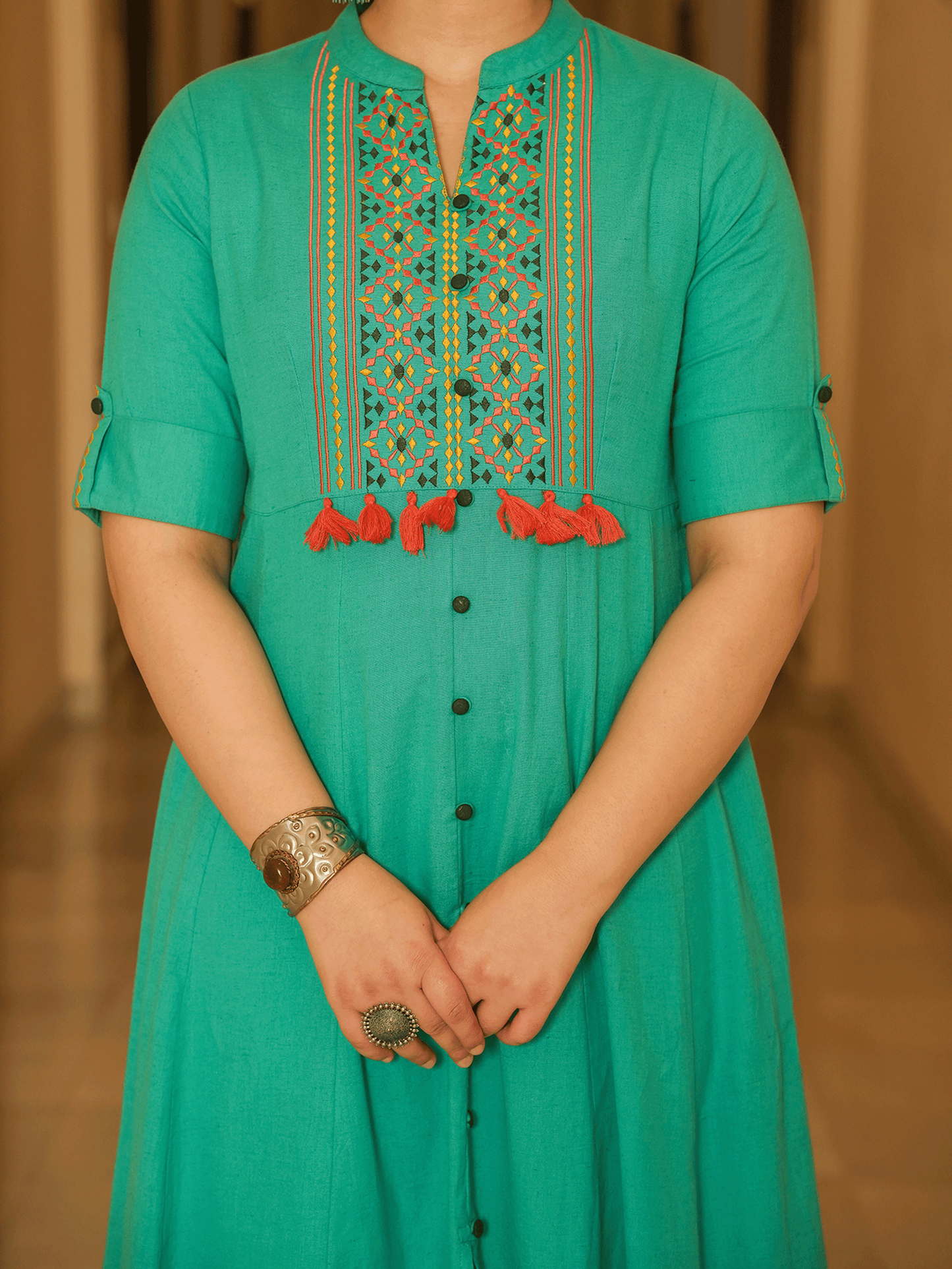 Embroidered Linen Cotton Solid High Low Mint Green Kurta