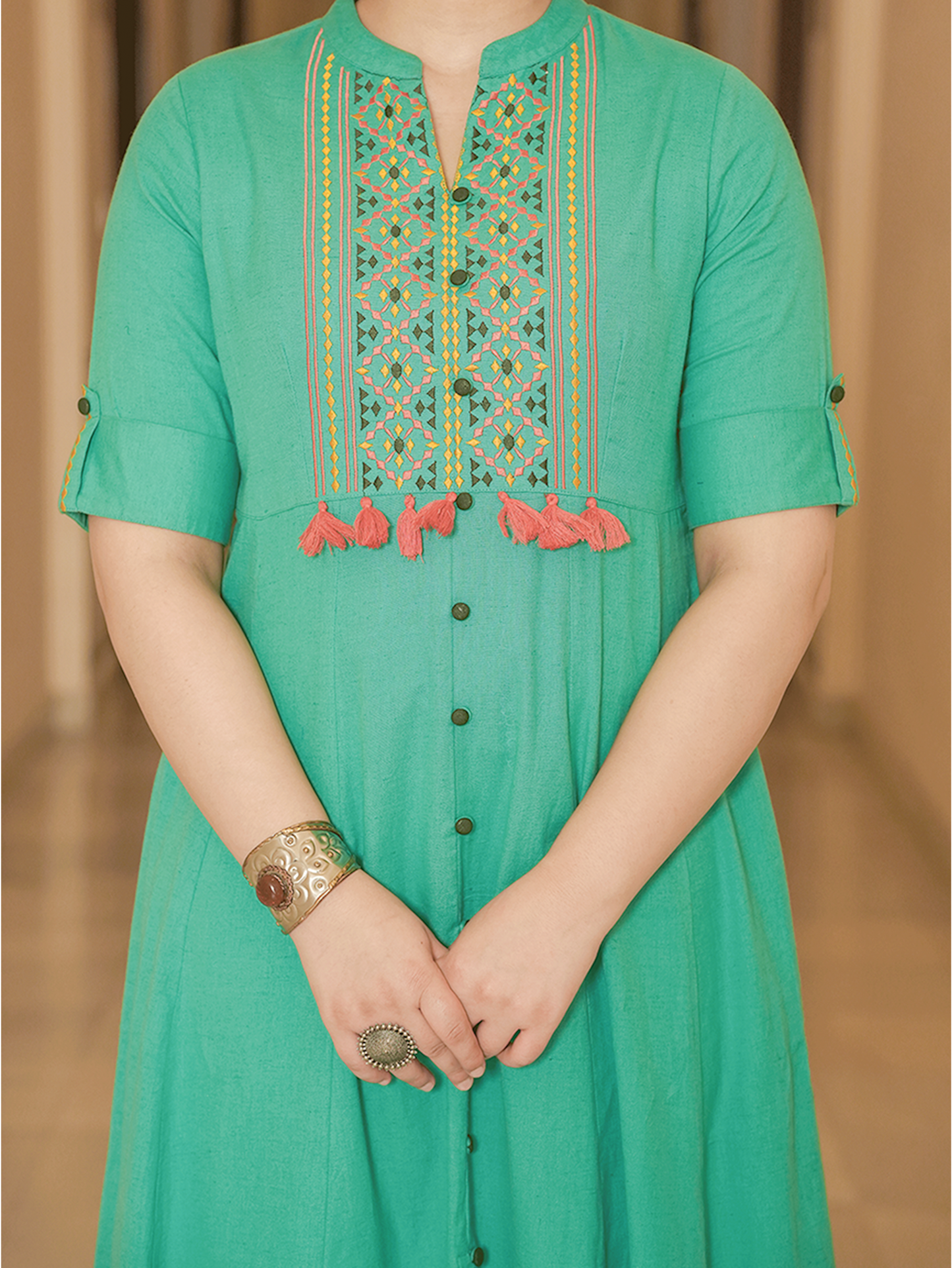 Embroidered Linen Cotton Solid High Low Mint Green Kurta