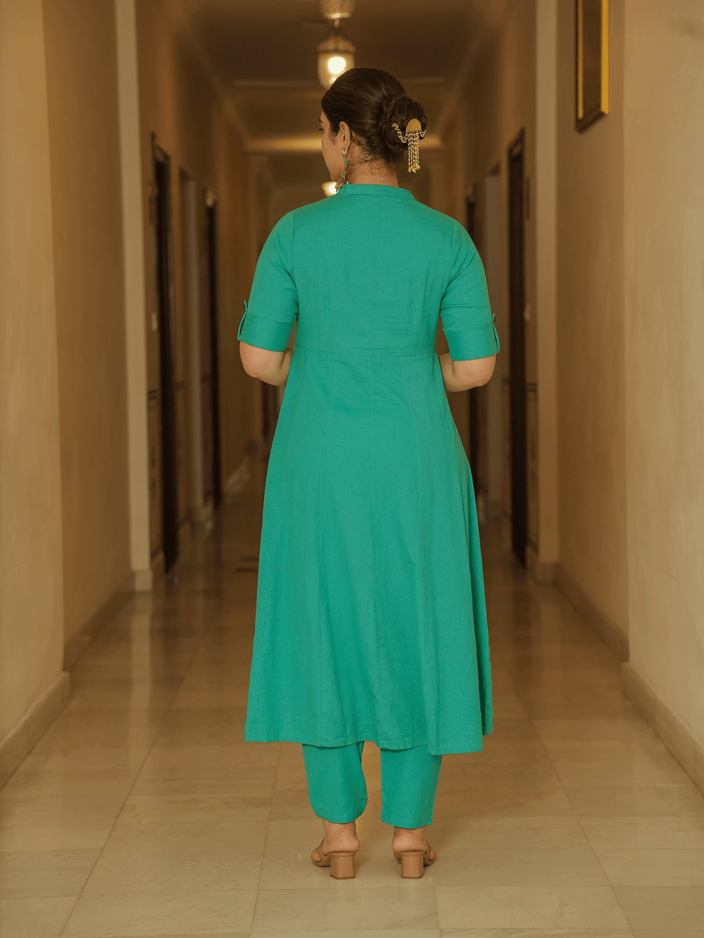 Embroidered Linen Cotton Solid High Low Mint Green Kurta