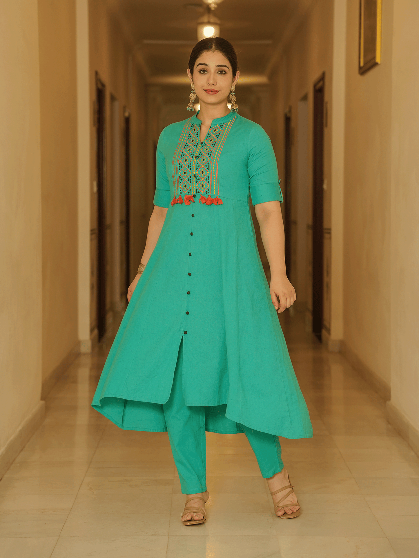 Embroidered Linen Cotton Solid High Low Mint Green Kurta