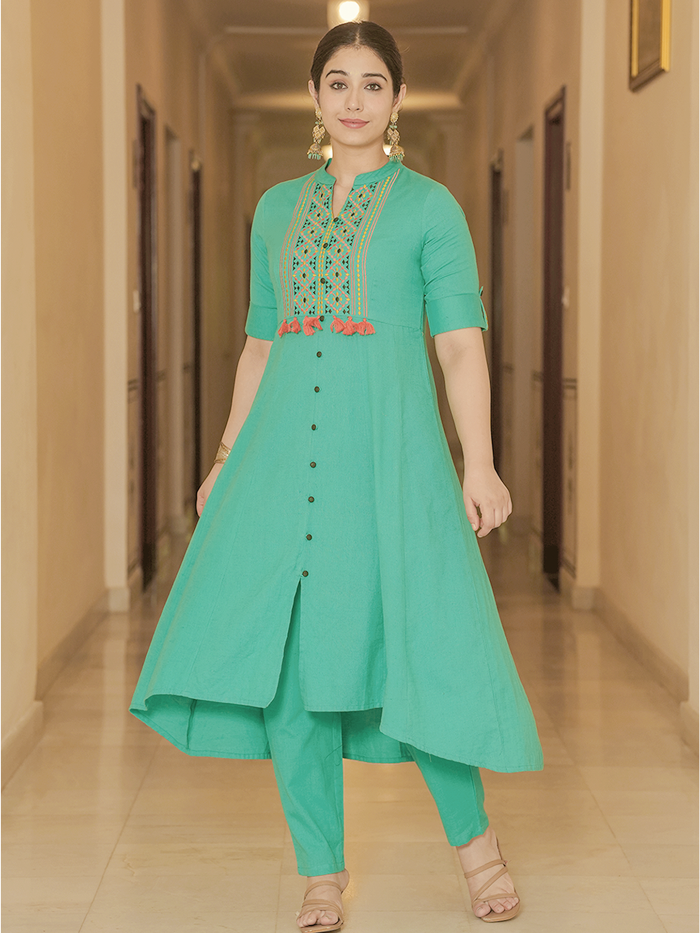 Embroidered Linen Cotton Solid High Low Mint Green Kurta