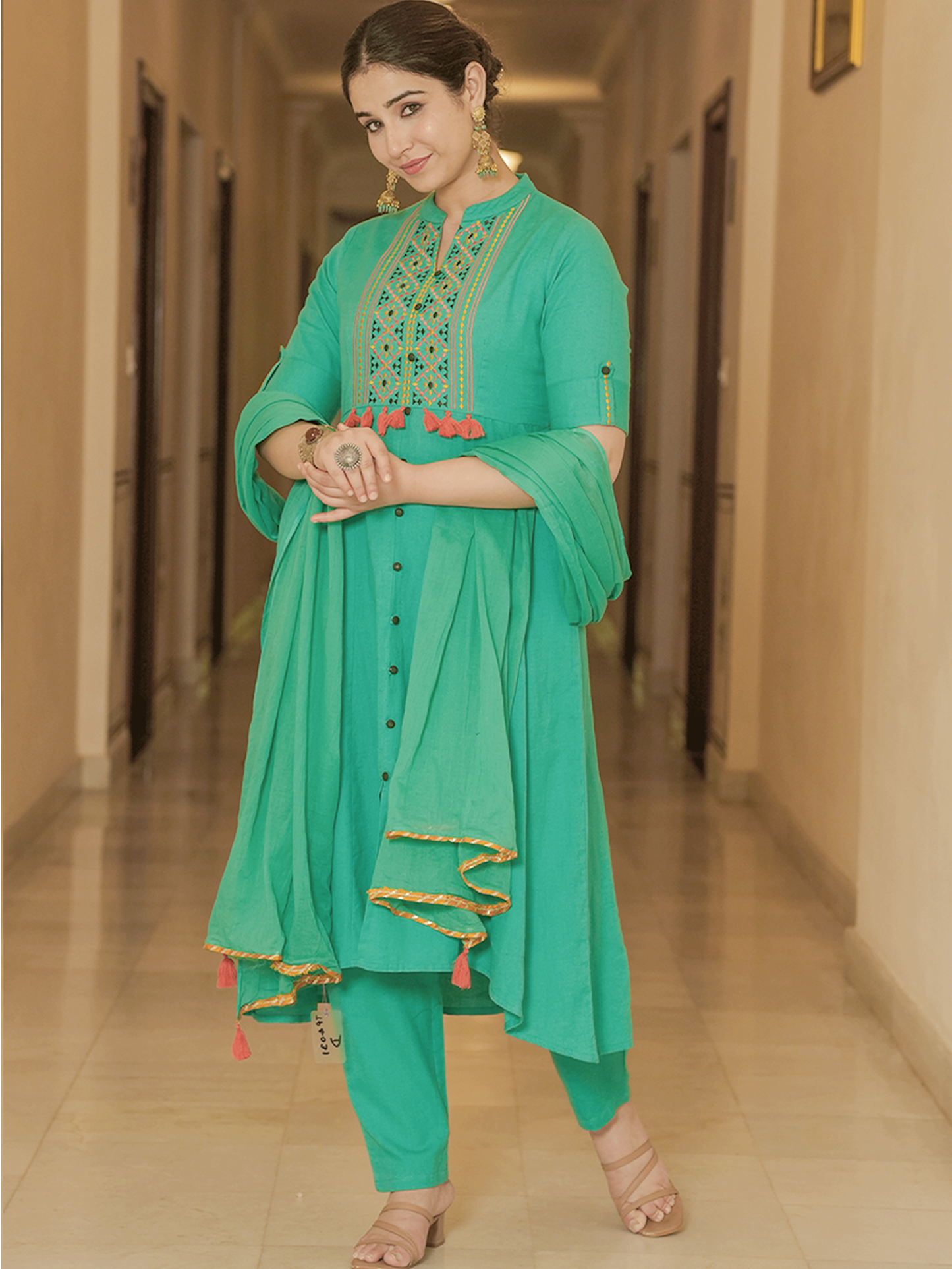 Embroidered Linen Cotton Solid High Low Mint Green Kurta