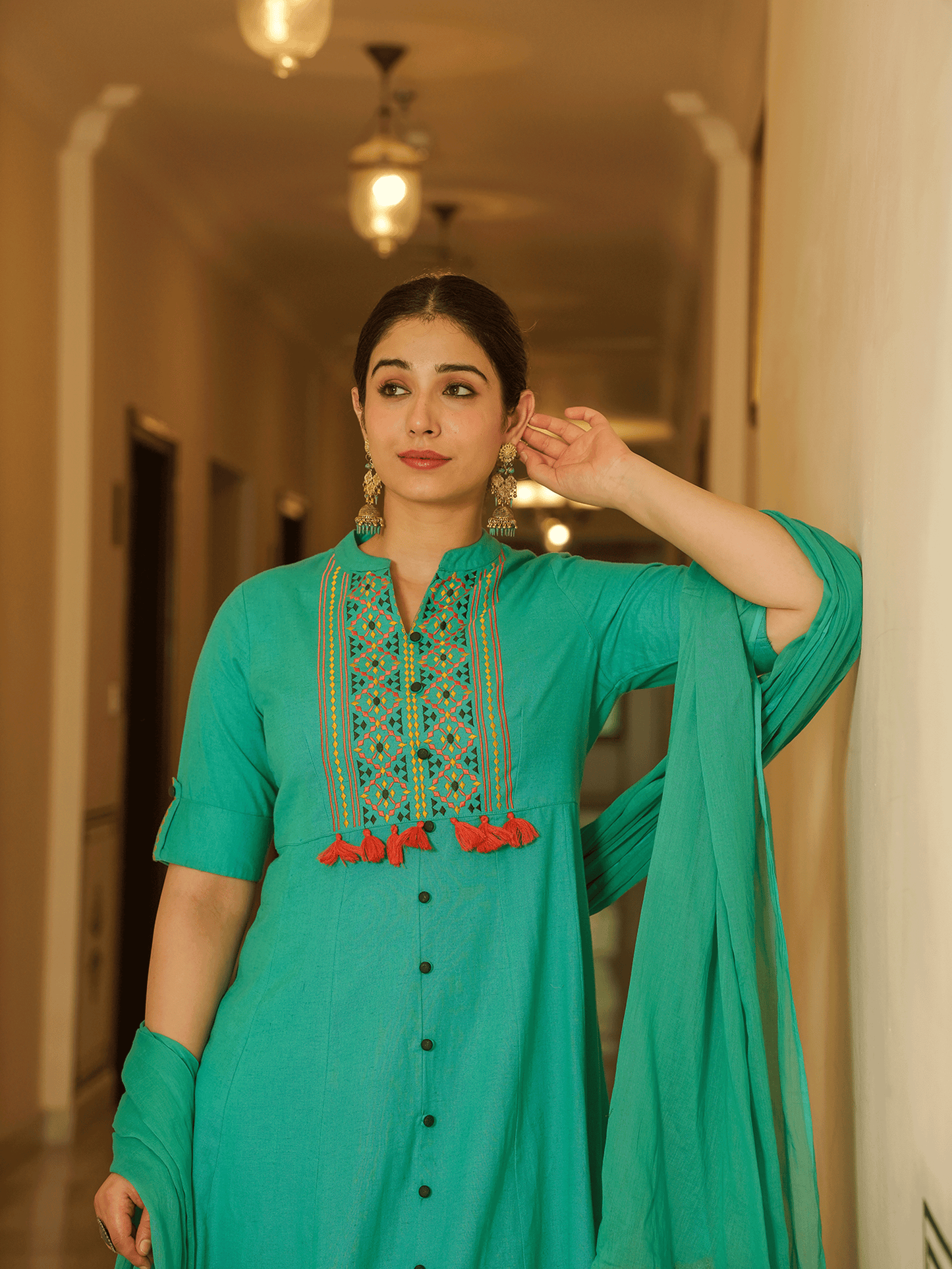 Embroidered Linen Cotton Solid High Low Mint Green Kurta