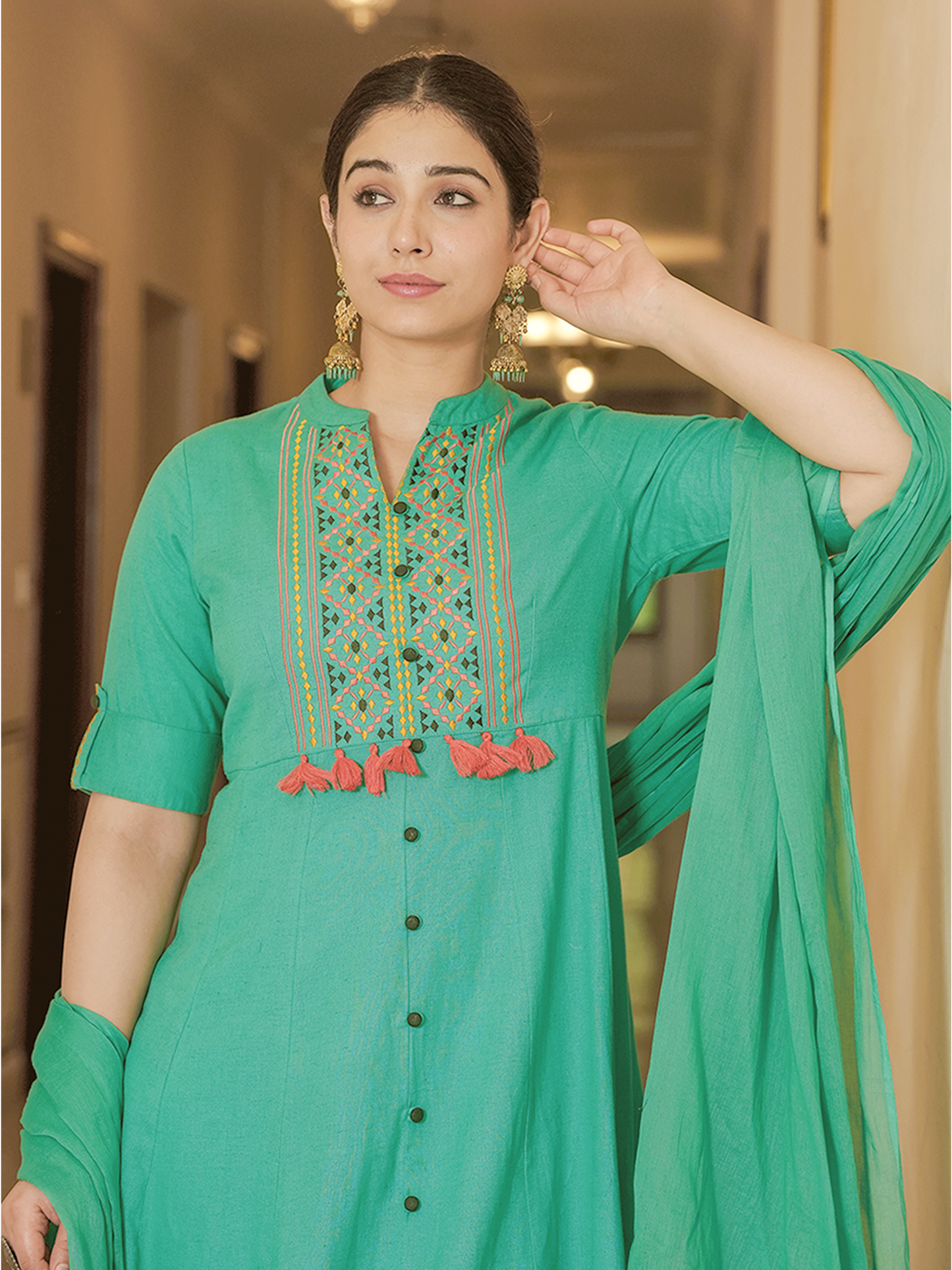 Embroidered Linen Cotton Solid High Low Mint Green Kurta