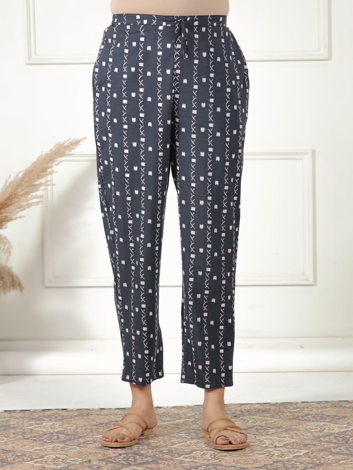 Soft Cotton Geometric Navy Blue Tapered Trousers