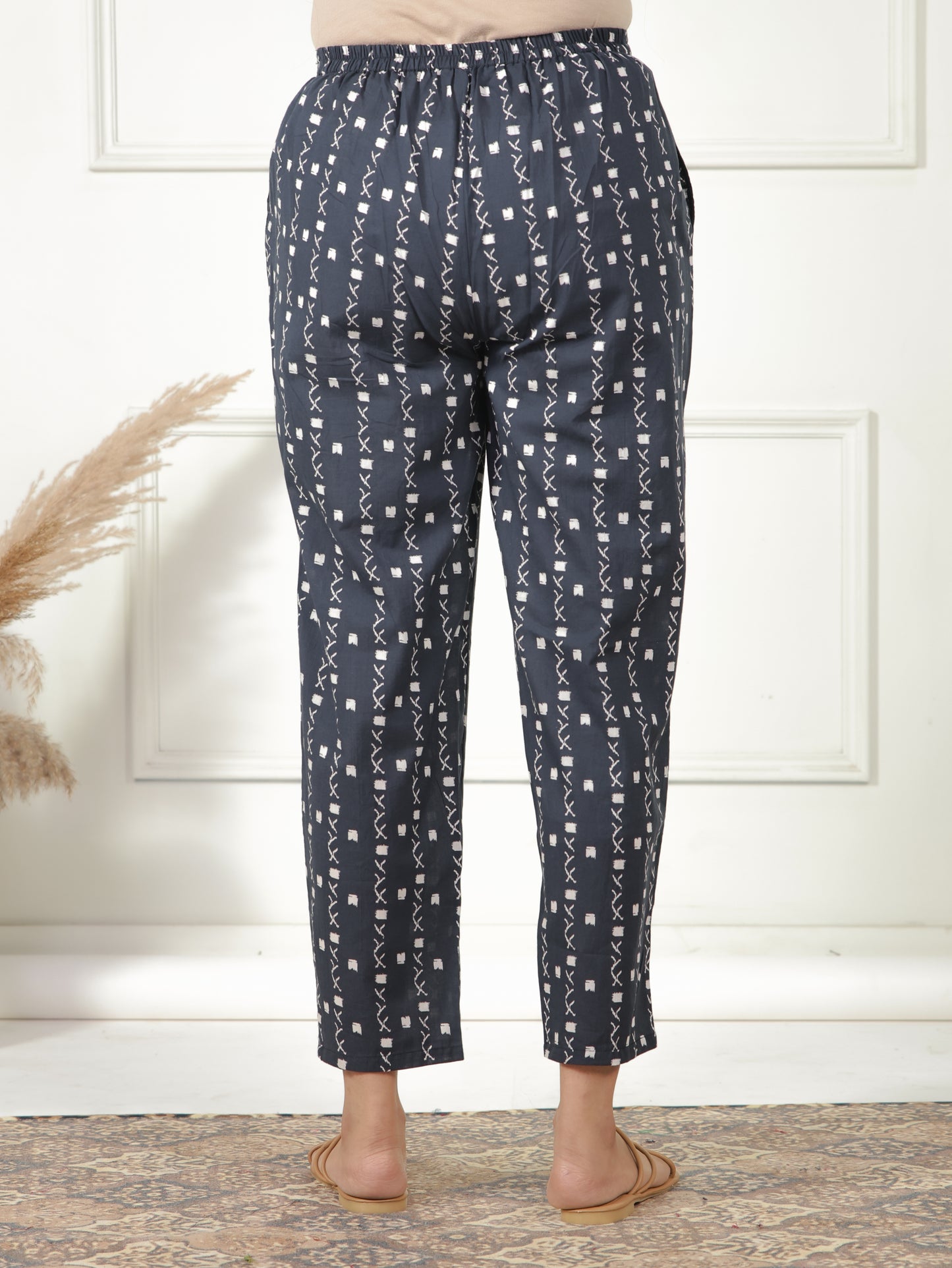 Soft Cotton Geometric Navy Blue Tapered Trousers