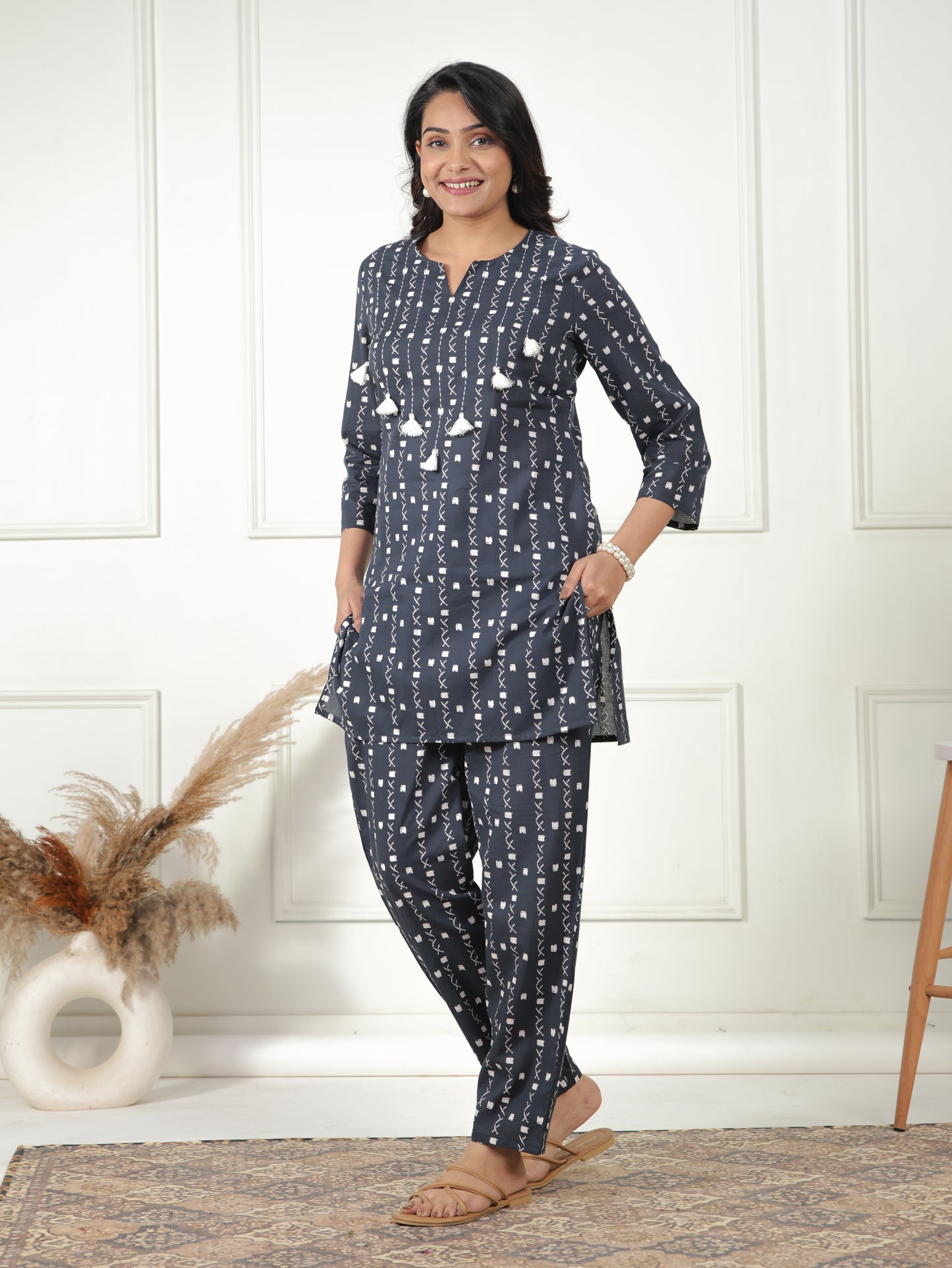 Soft Cotton Geometric Straight Navy Blue Kurta