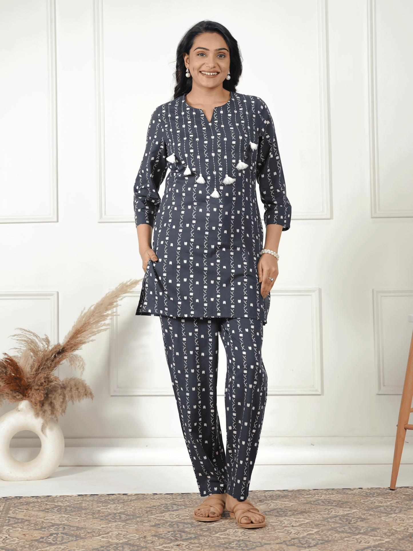 Soft Cotton Geometric Straight Navy Blue Kurta