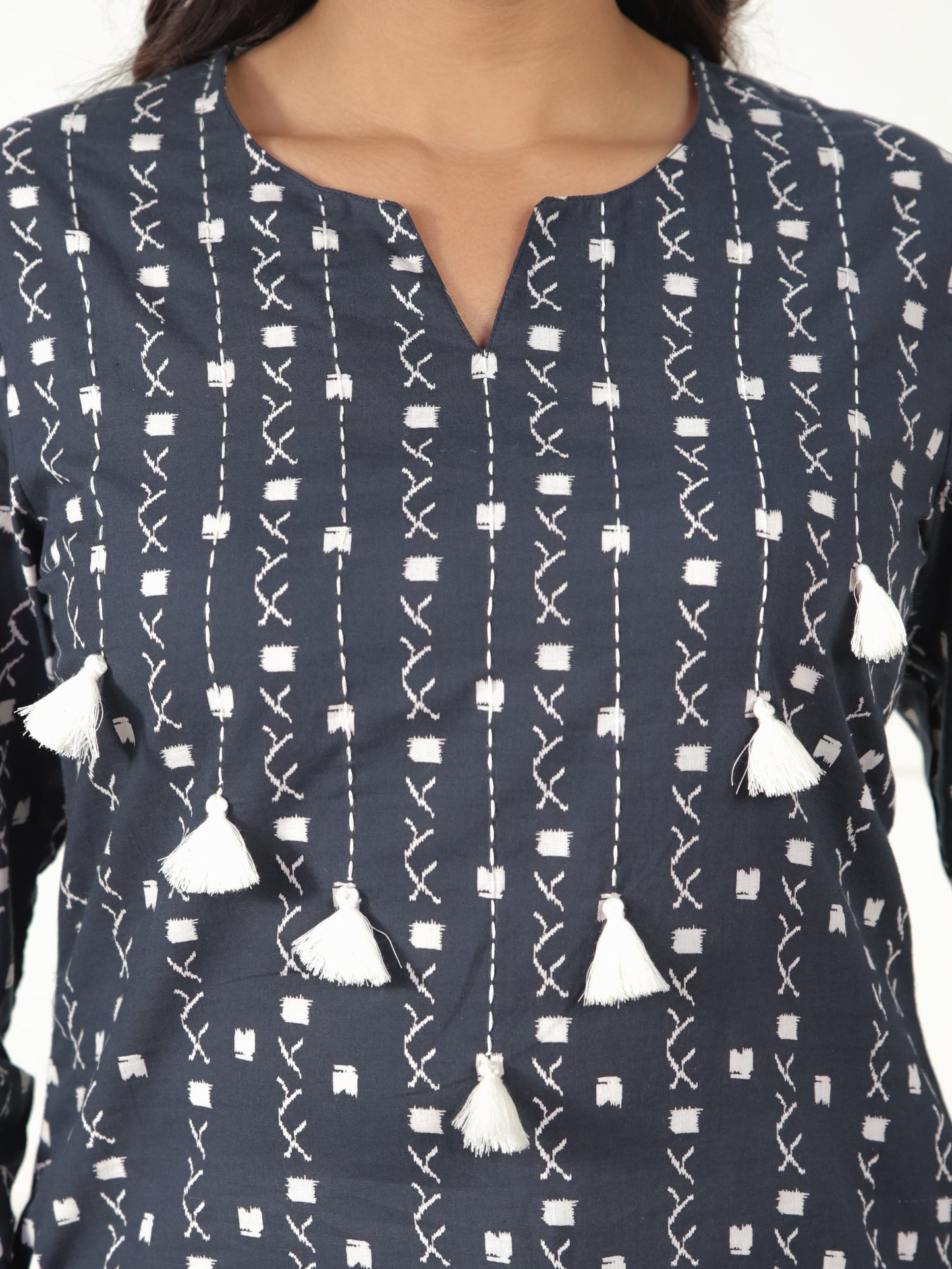 Soft Cotton Geometric Straight Navy Blue Kurta