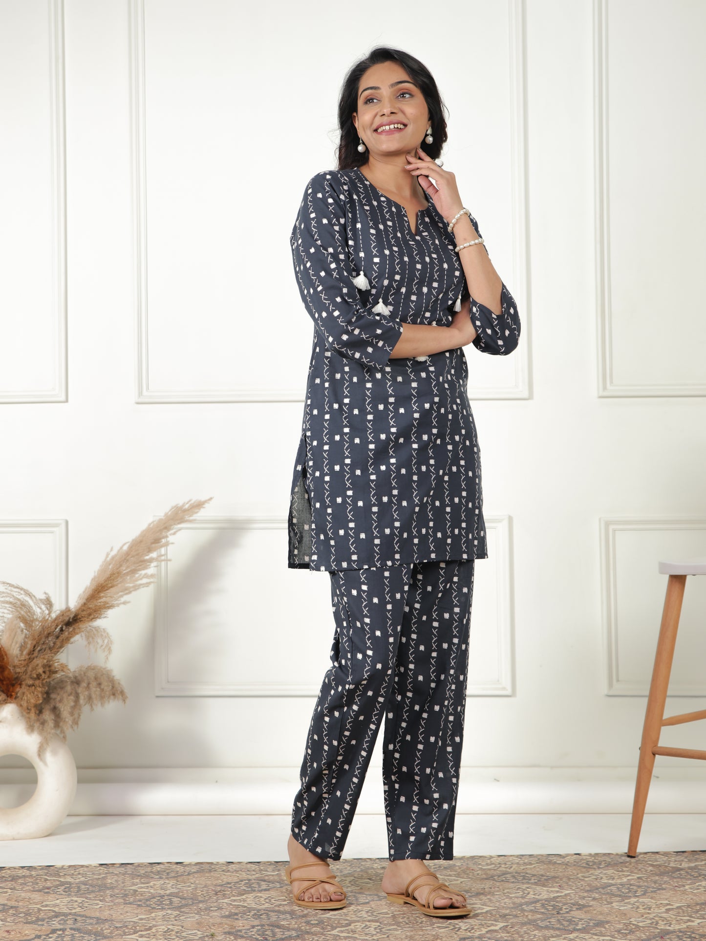 Soft Cotton Geometric Straight Navy Blue Kurta