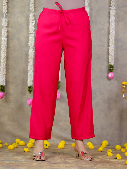 Blended Silk Solid Pink Straight Trousers