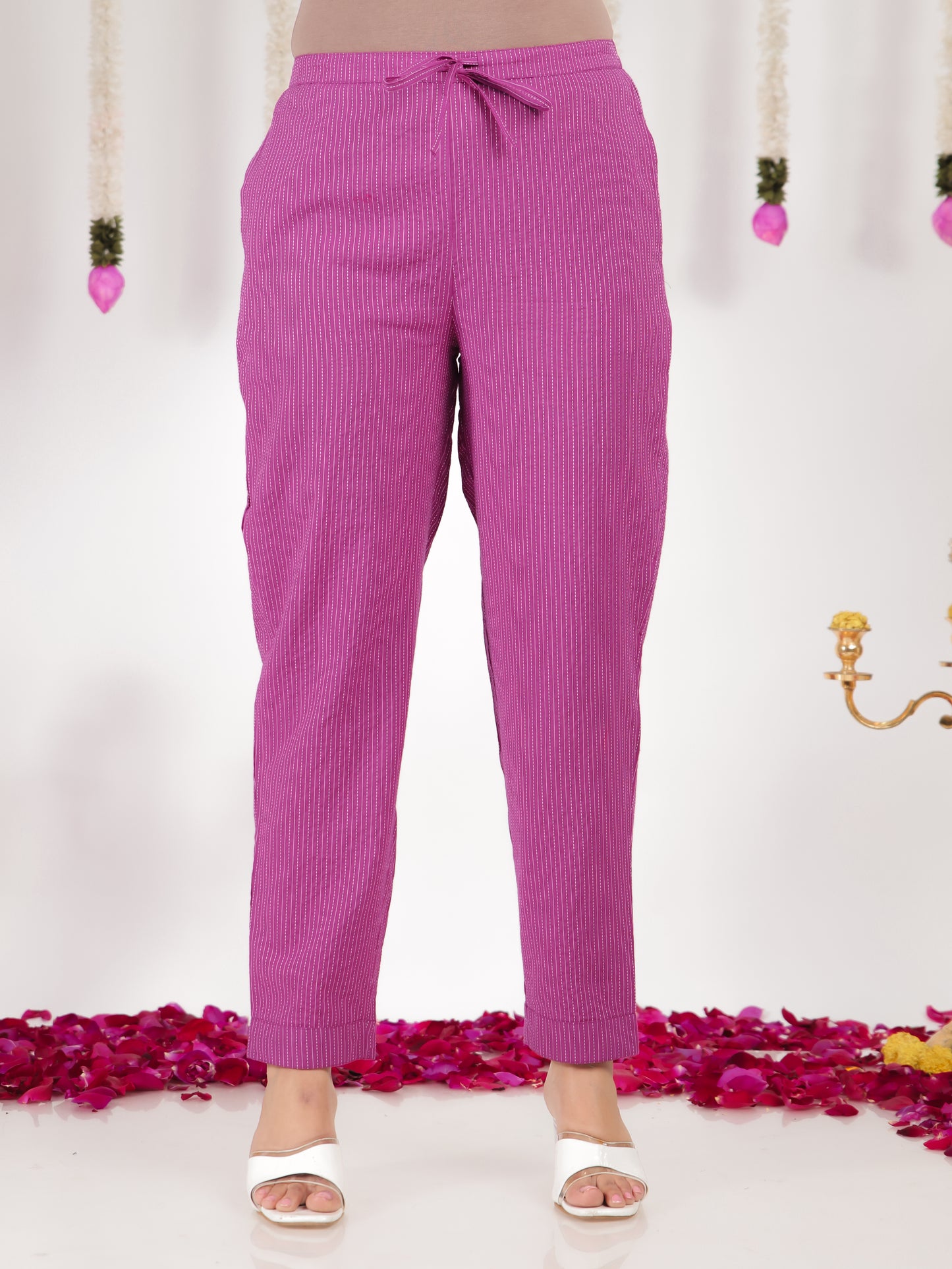Kantha Cotton Solid Purple Tapered Trousers