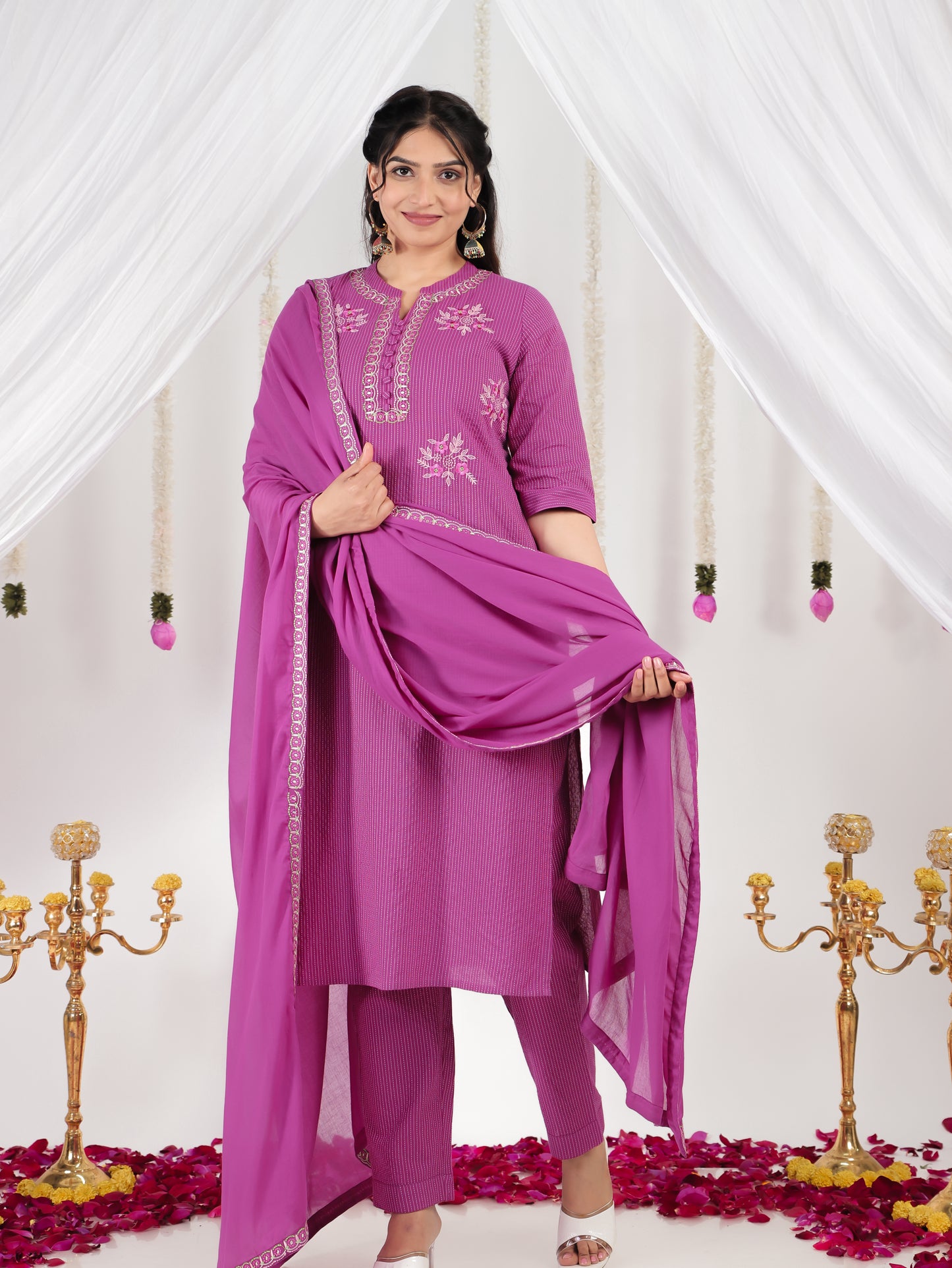 Embroidered Cotton Voile Solid Purple Dupatta