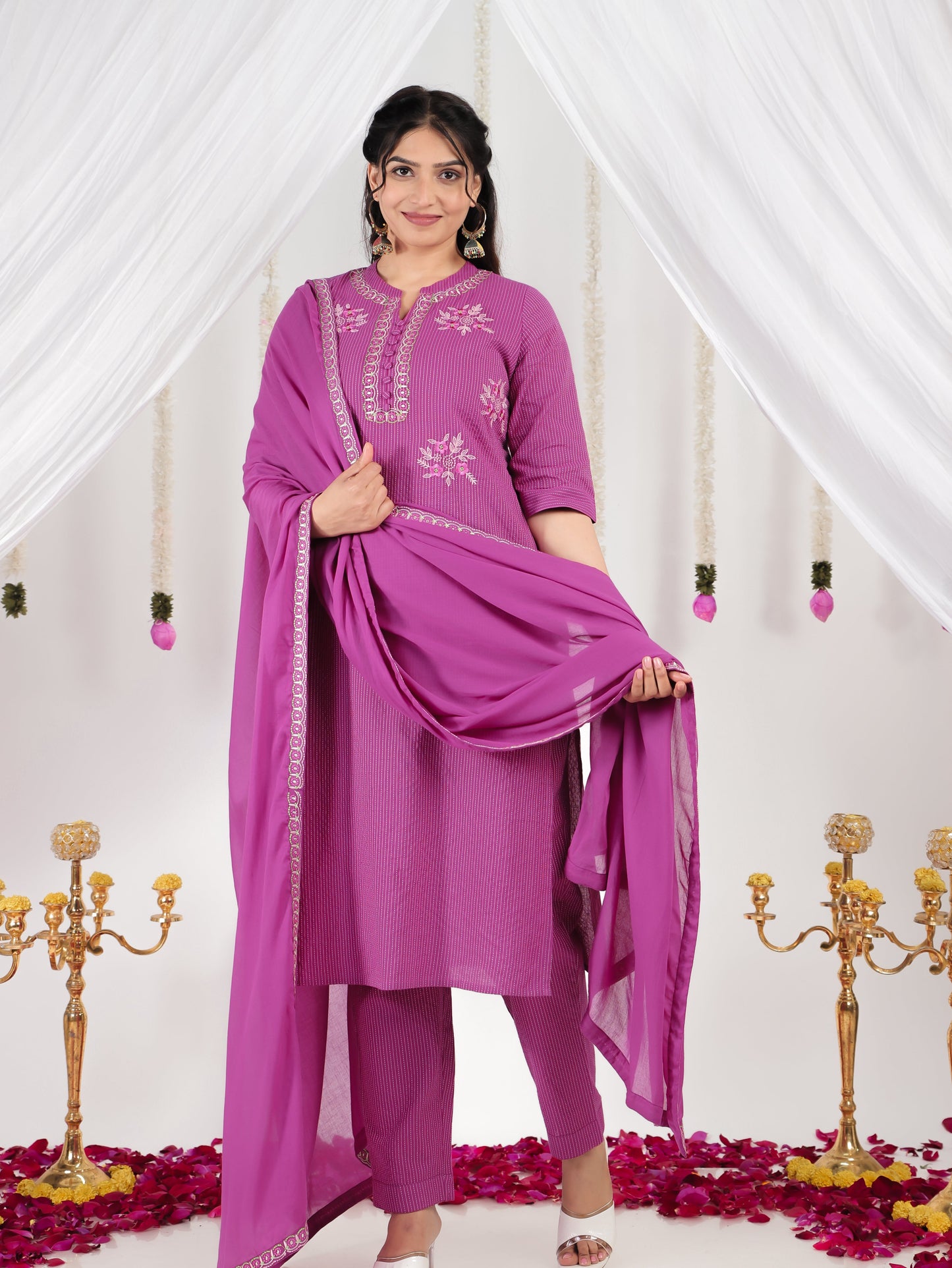 Embroidered Cotton Voile Solid Purple Dupatta