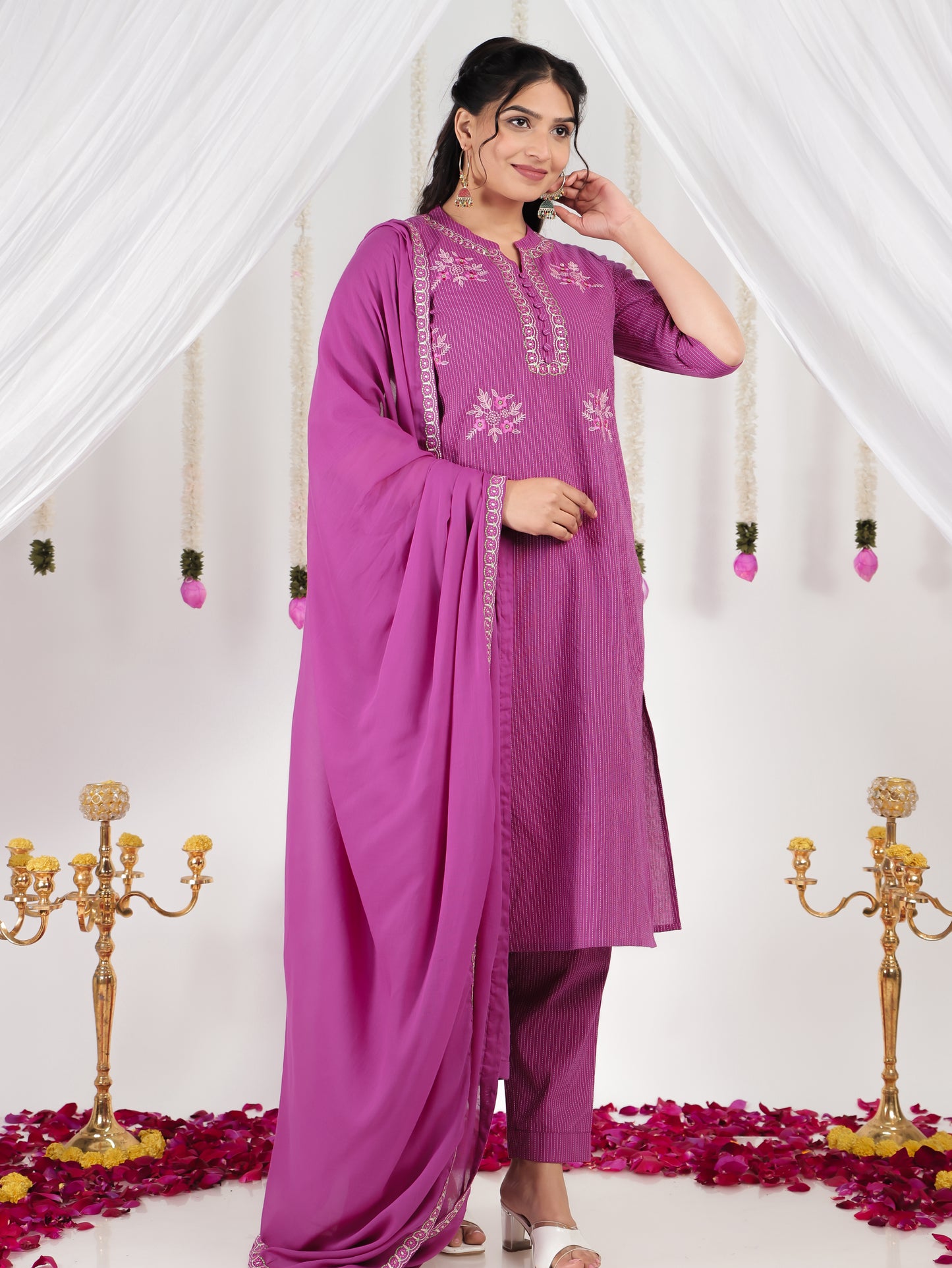 Embroidered Cotton Voile Solid Purple Dupatta