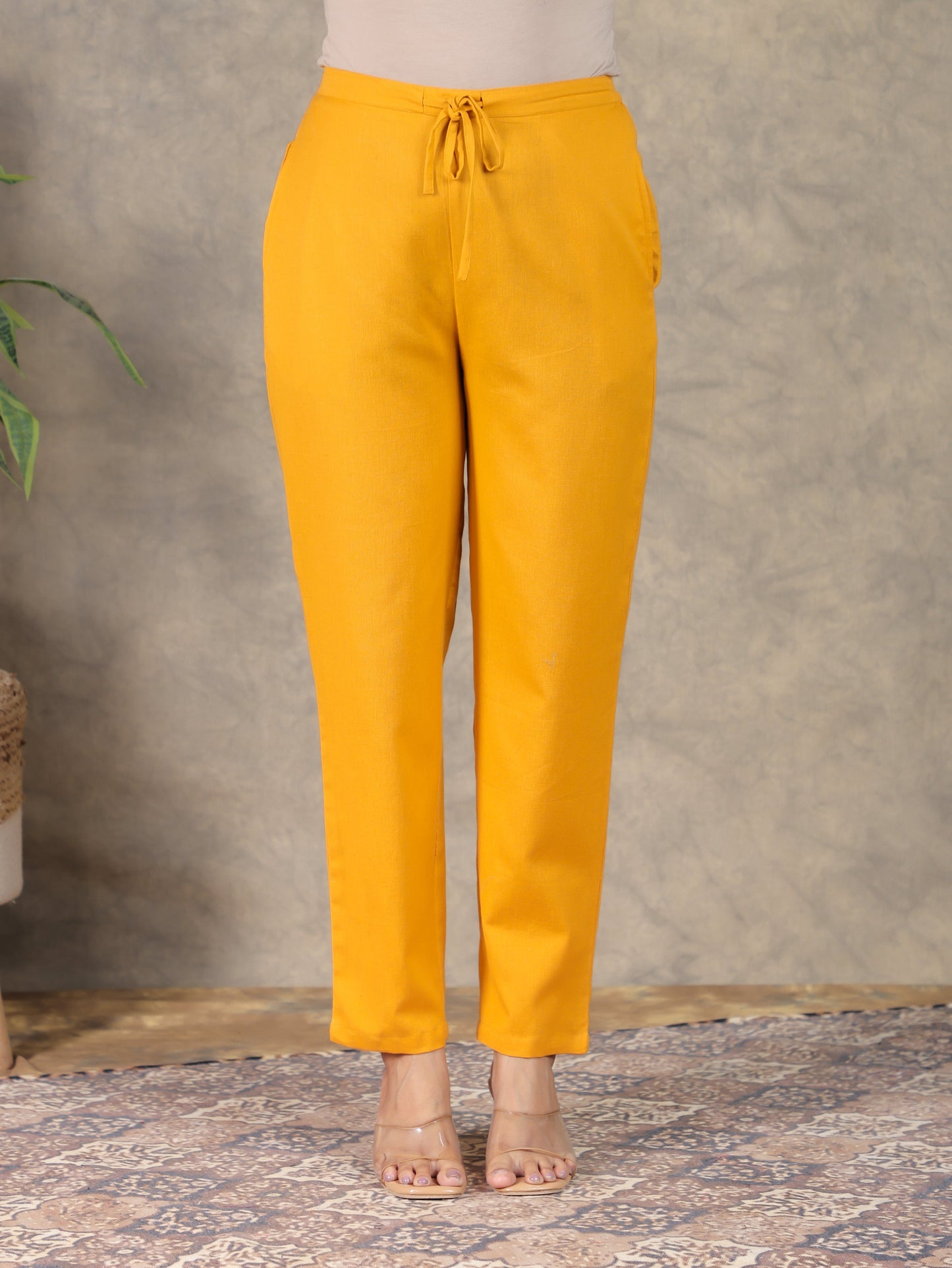 Cotton Dobby Solid Yellow Tapered Trousers