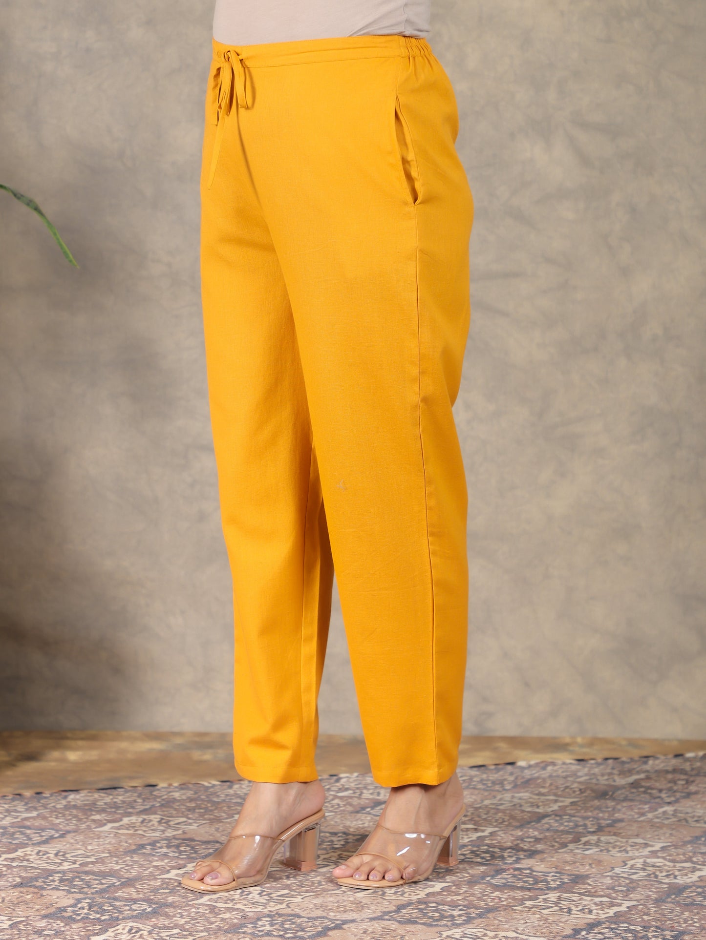 Cotton Dobby Solid Yellow Tapered Trousers