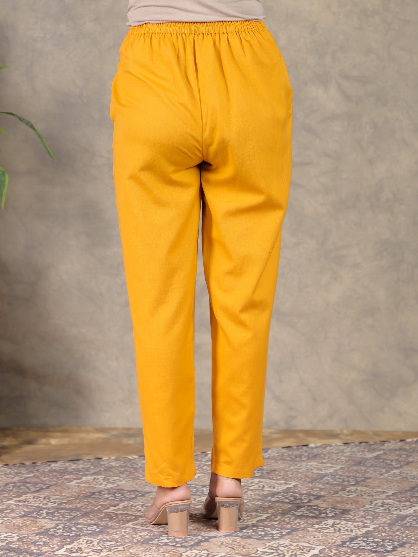 Cotton Dobby Solid Yellow Tapered Trousers