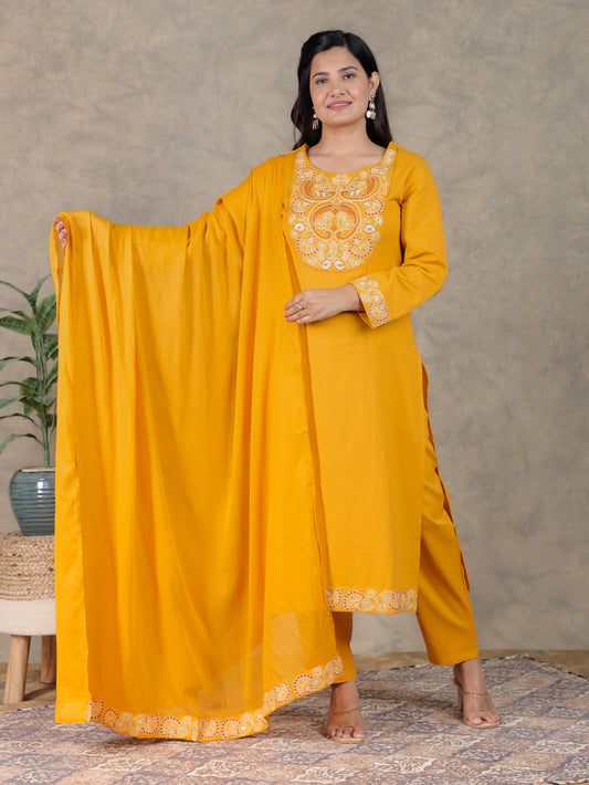 Embroidered Cotton Voile Solid Yellow Dupatta