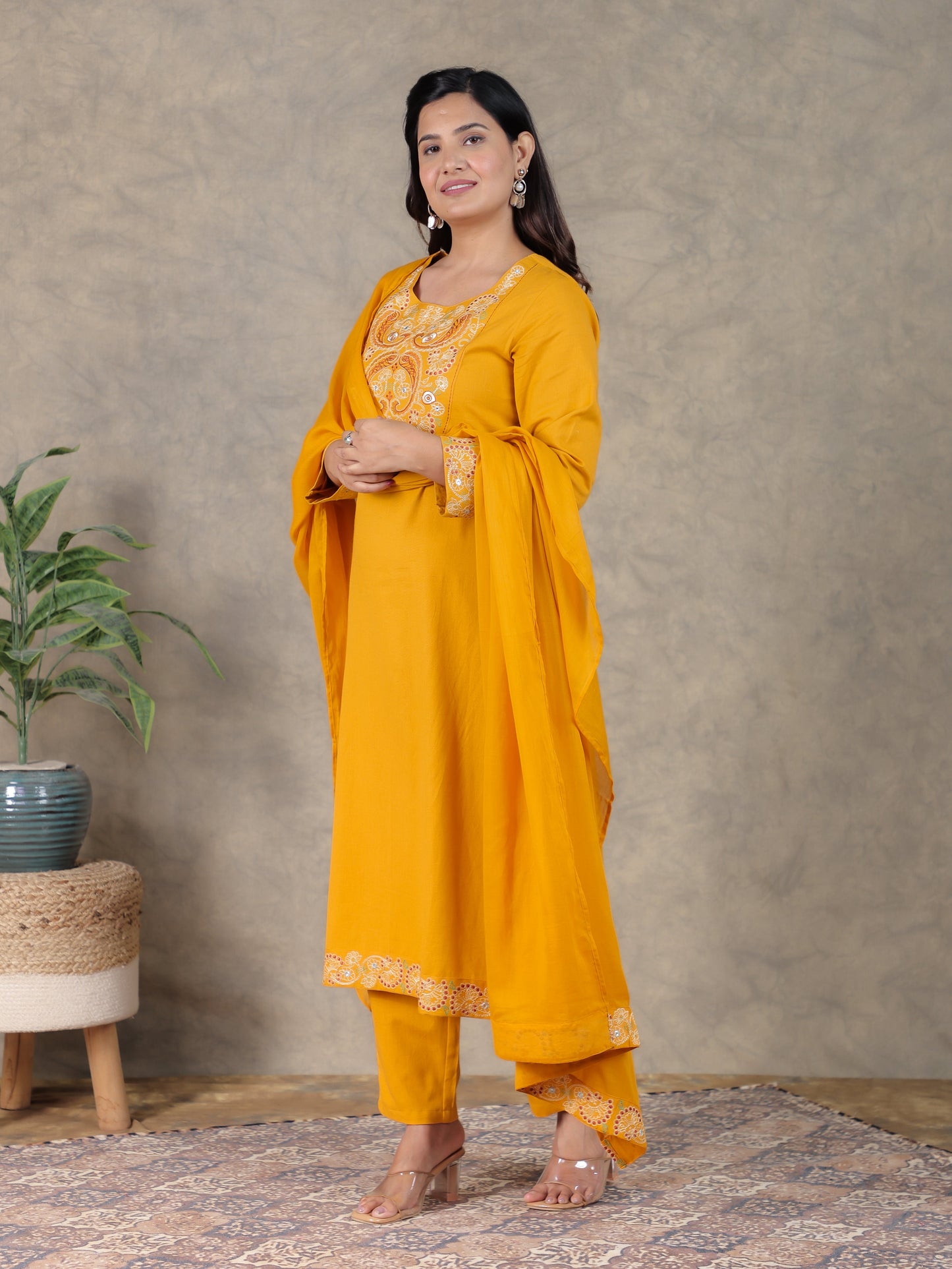 Embroidered Cotton Dobby Solid Straight Yellow Kurta