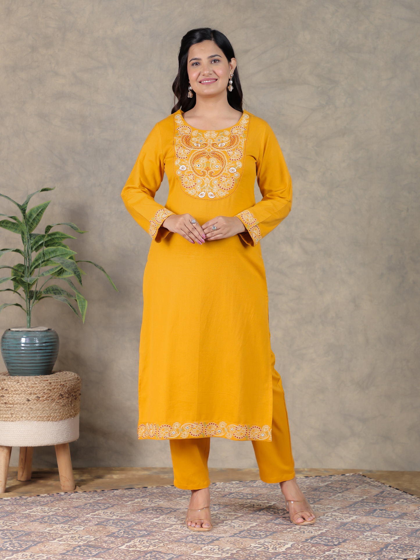 Embroidered Cotton Dobby Solid Straight Yellow Kurta