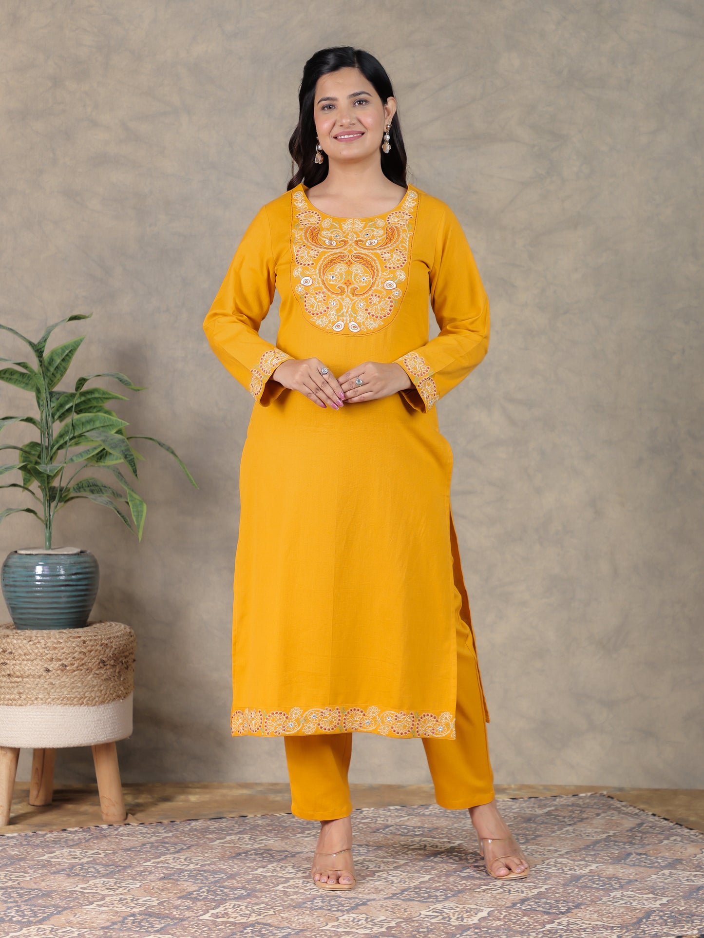 Embroidered Cotton Dobby Solid Straight Yellow Kurta