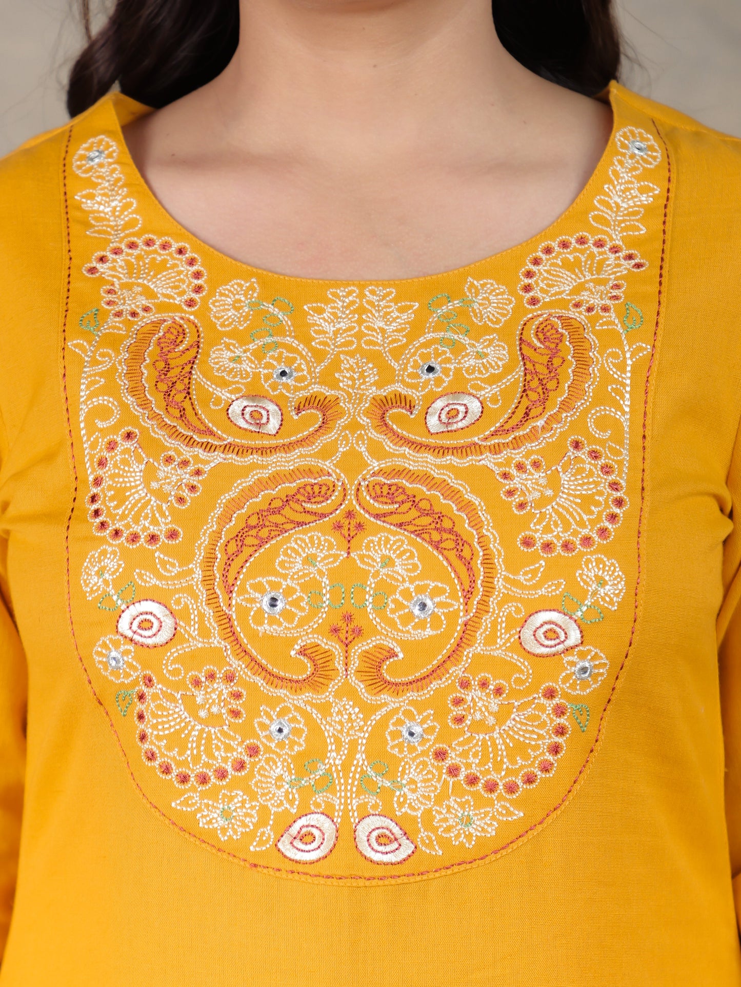Embroidered Cotton Dobby Solid Straight Yellow Kurta
