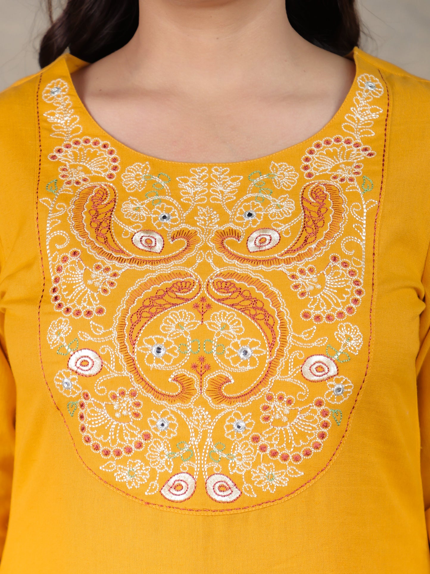 Embroidered Cotton Dobby Solid Straight Yellow Kurta