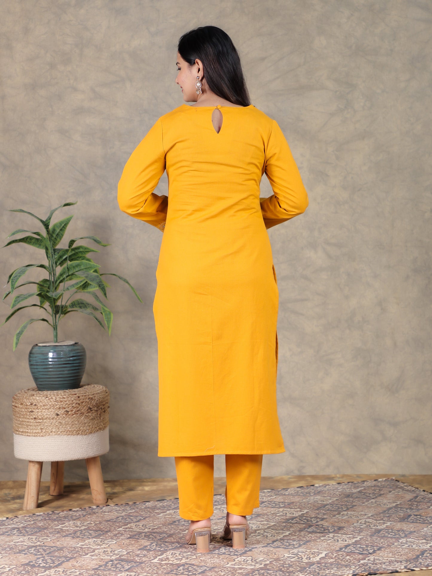Embroidered Cotton Dobby Solid Straight Yellow Kurta
