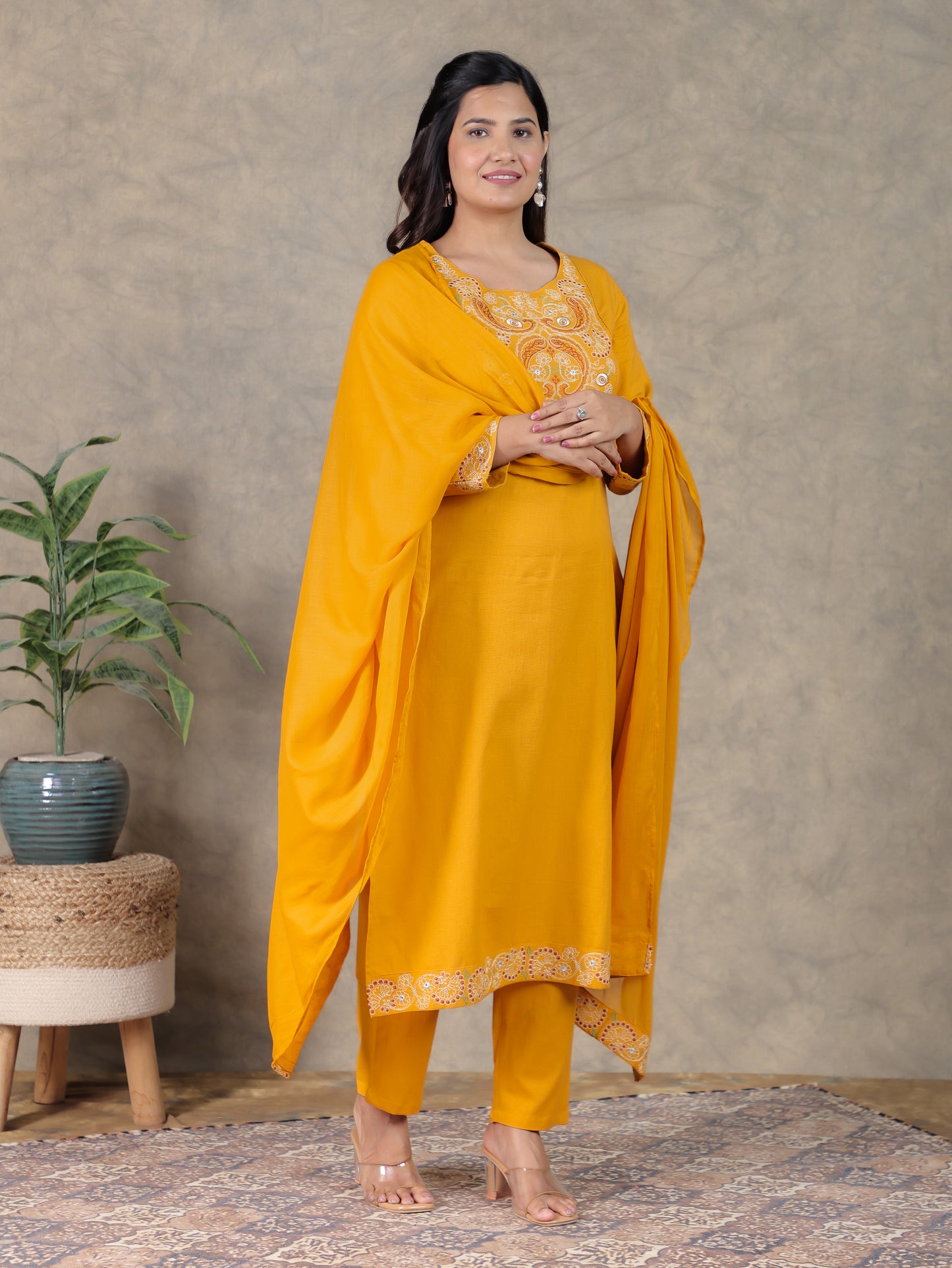 Embroidered Cotton Dobby Solid Straight Yellow Kurta