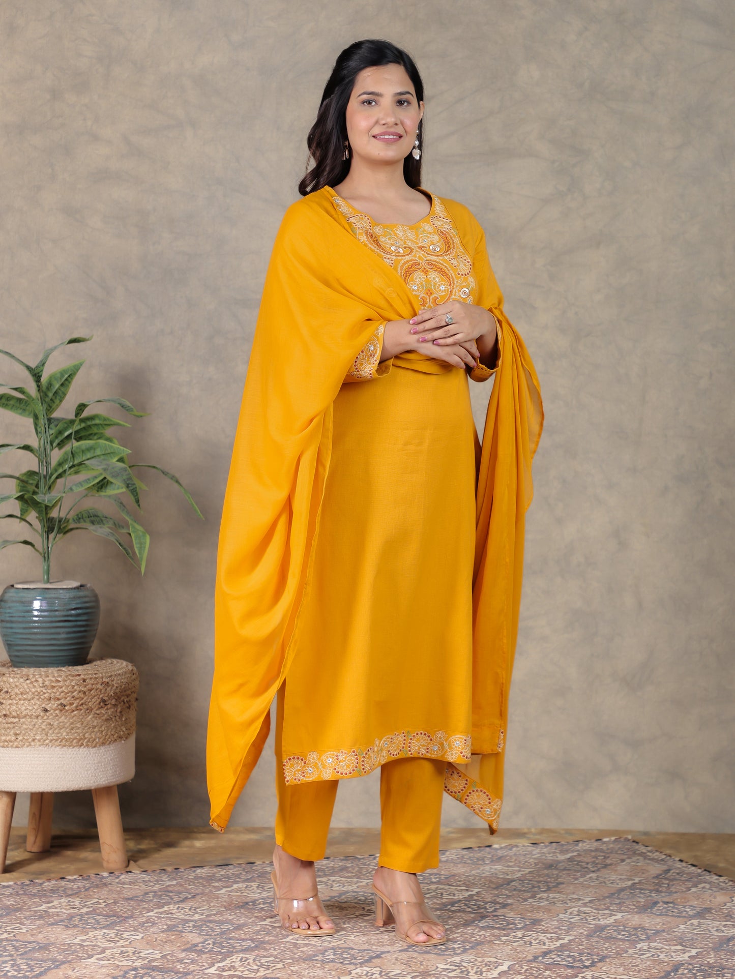 Embroidered Cotton Dobby Solid Straight Yellow Kurta