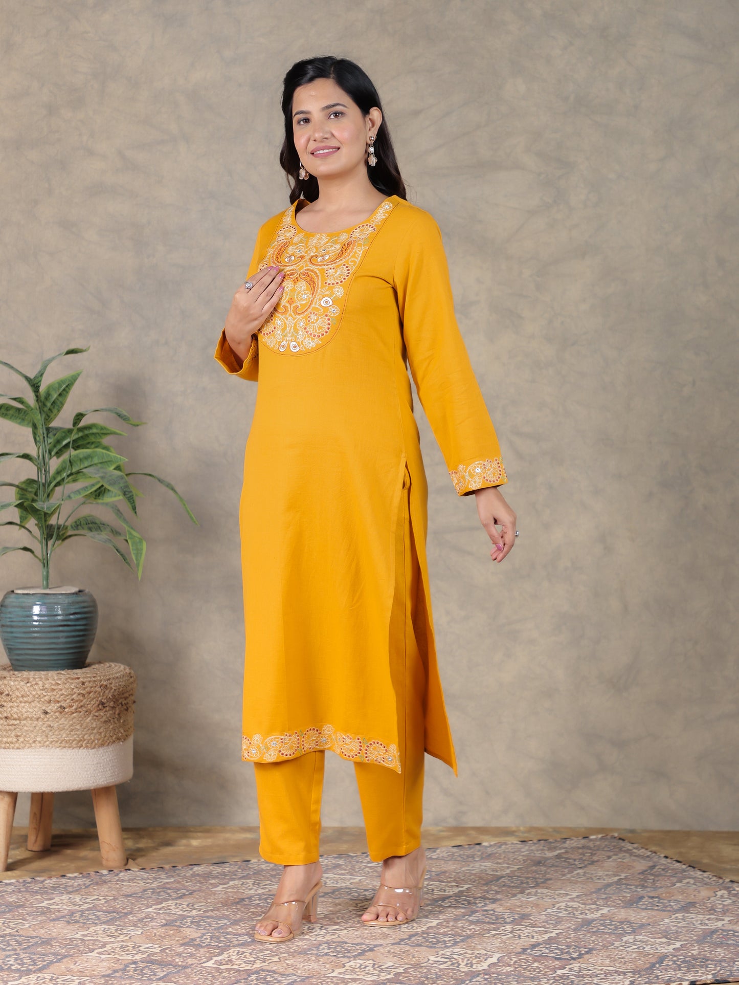 Embroidered Cotton Dobby Solid Straight Yellow Kurta