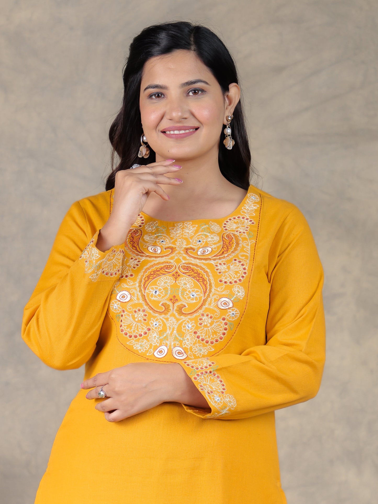 Embroidered Cotton Dobby Solid Straight Yellow Kurta