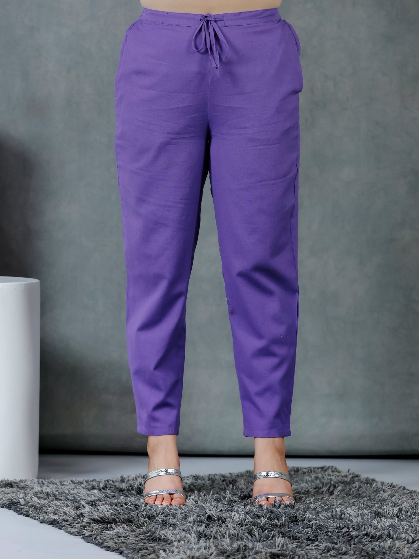 Linen Cotton Solid Purple Straight Trousers