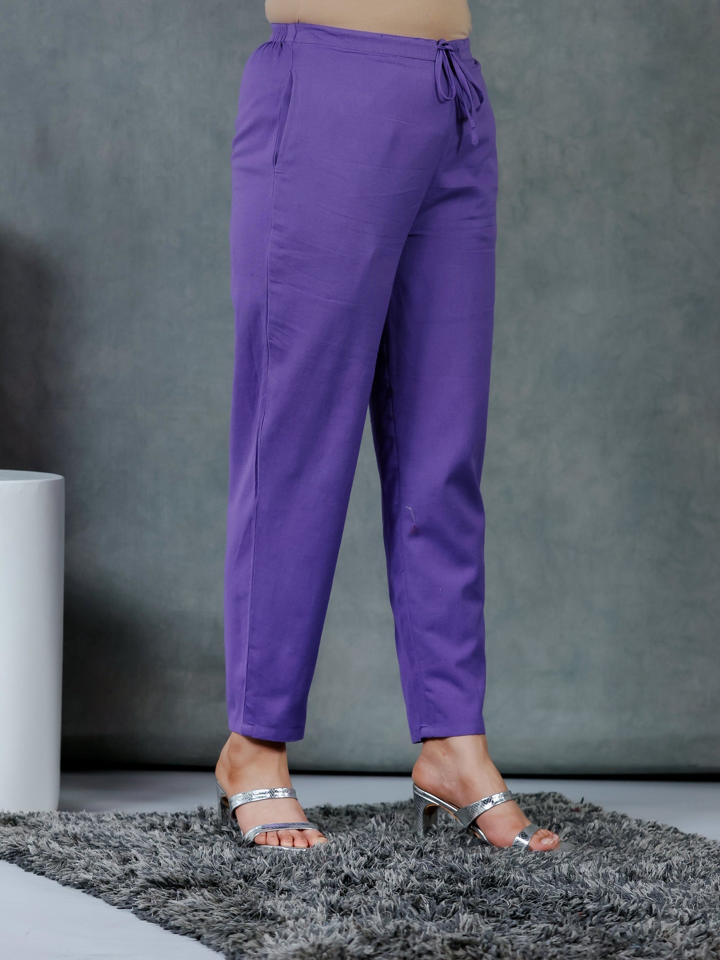 Linen Cotton Solid Purple Straight Trousers