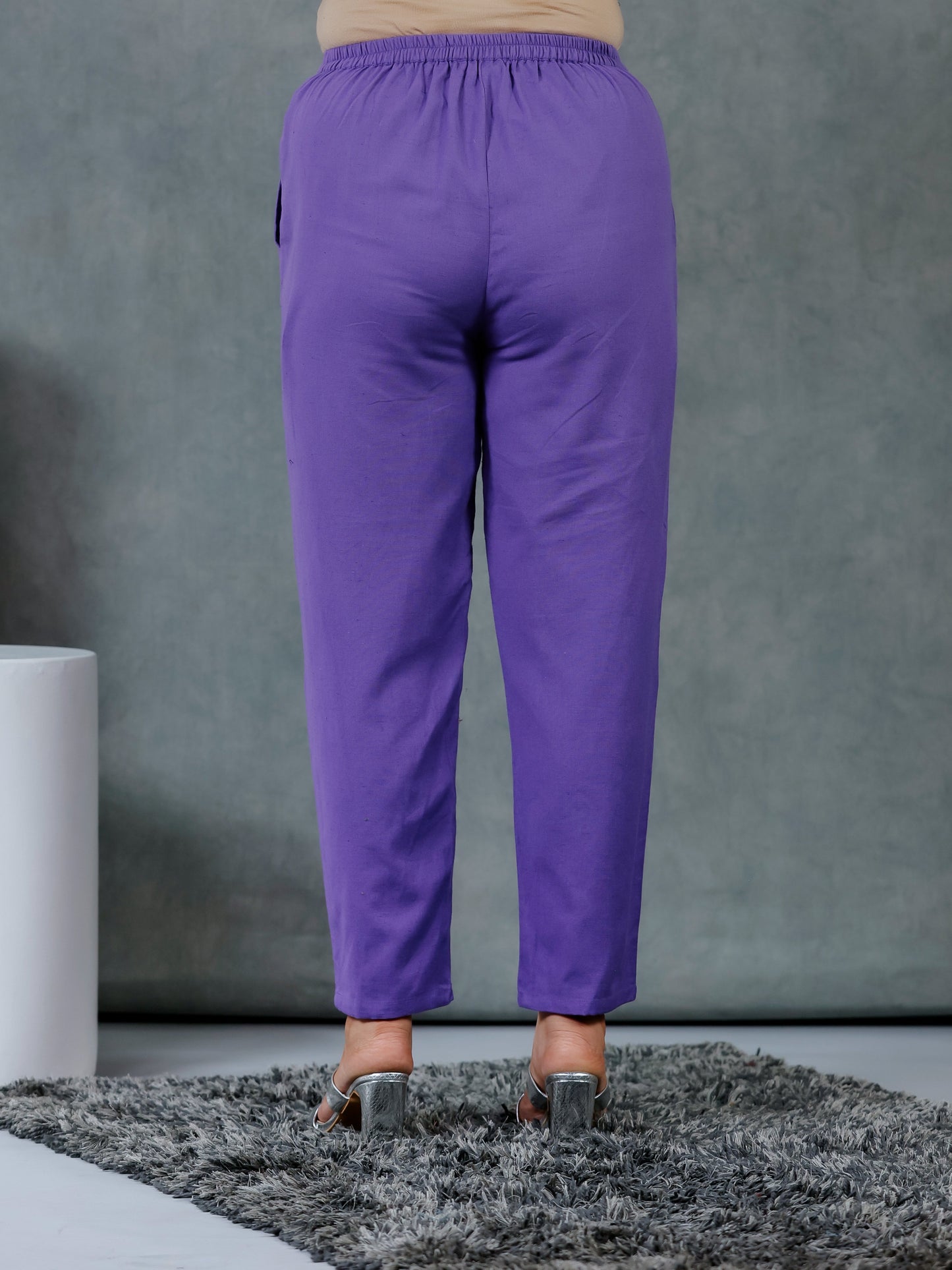 Linen Cotton Solid Purple Straight Trousers