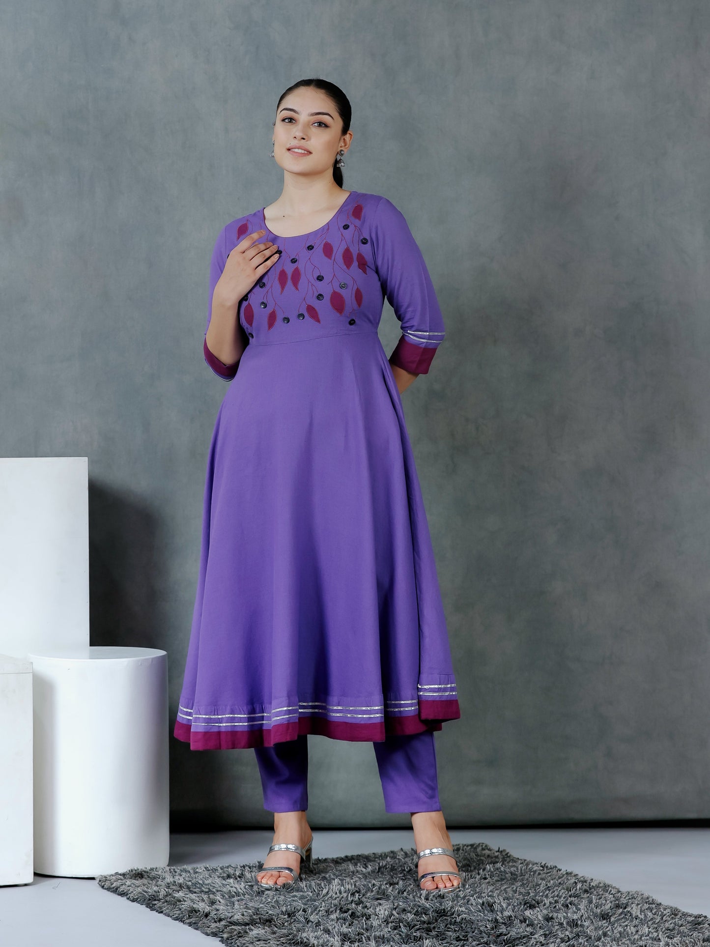 Embroidered Linen Cotton Solid Anarkali Purple Kurta