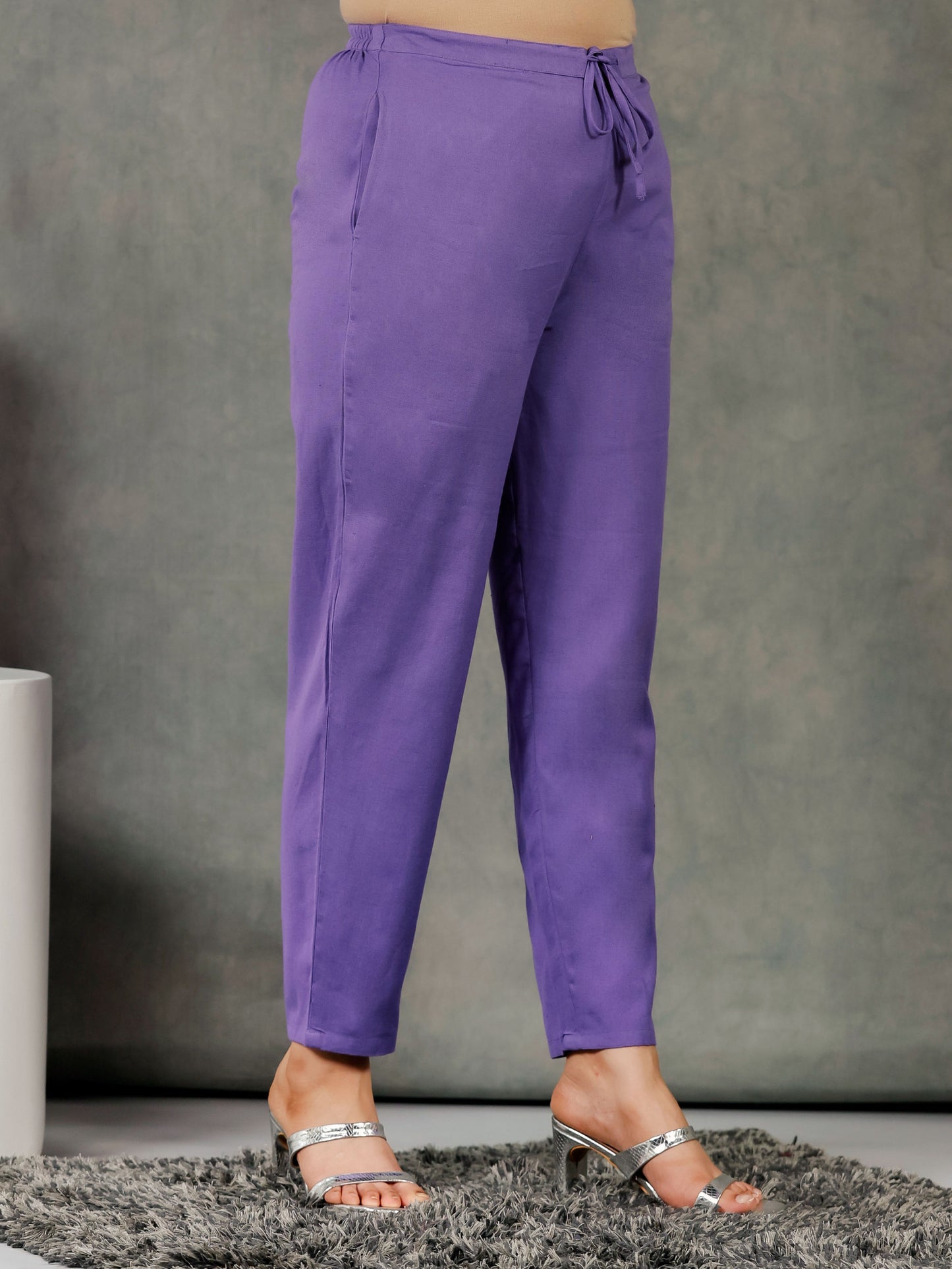 Embroidered Linen Cotton Solid Anarkali Purple Kurta