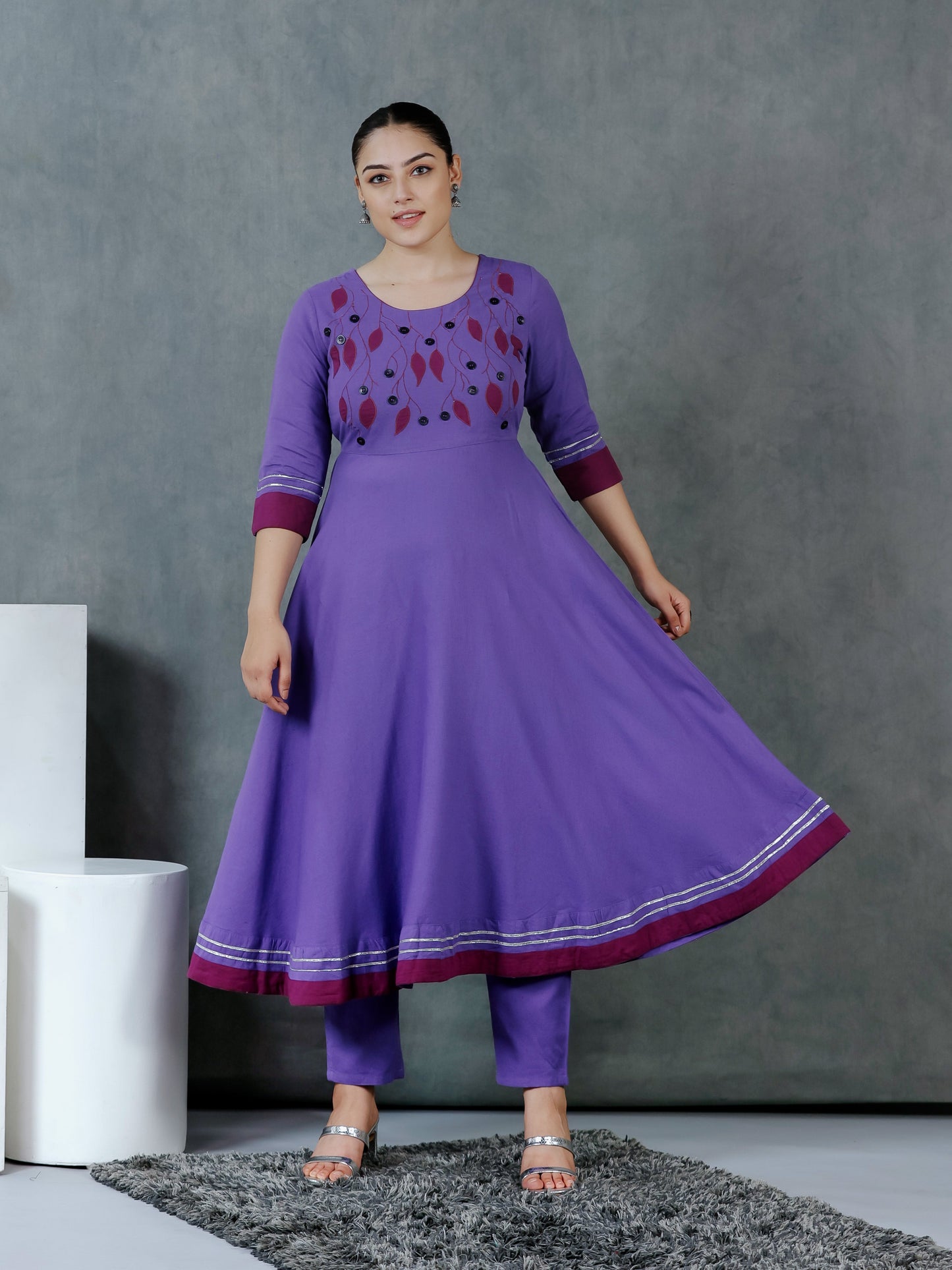 Embroidered Linen Cotton Solid Anarkali Purple Kurta