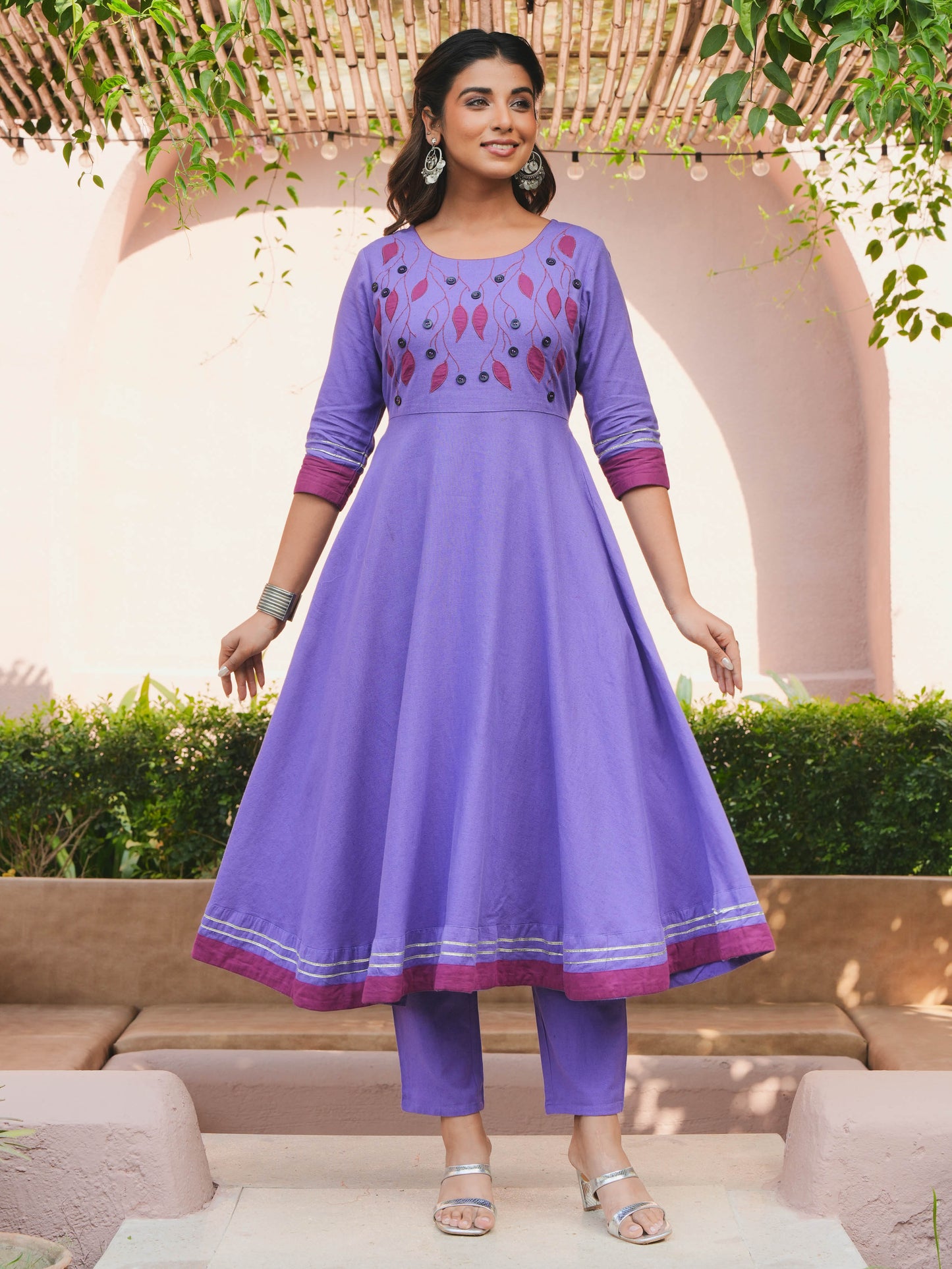 Embroidered Linen Cotton Solid Anarkali Purple Kurta