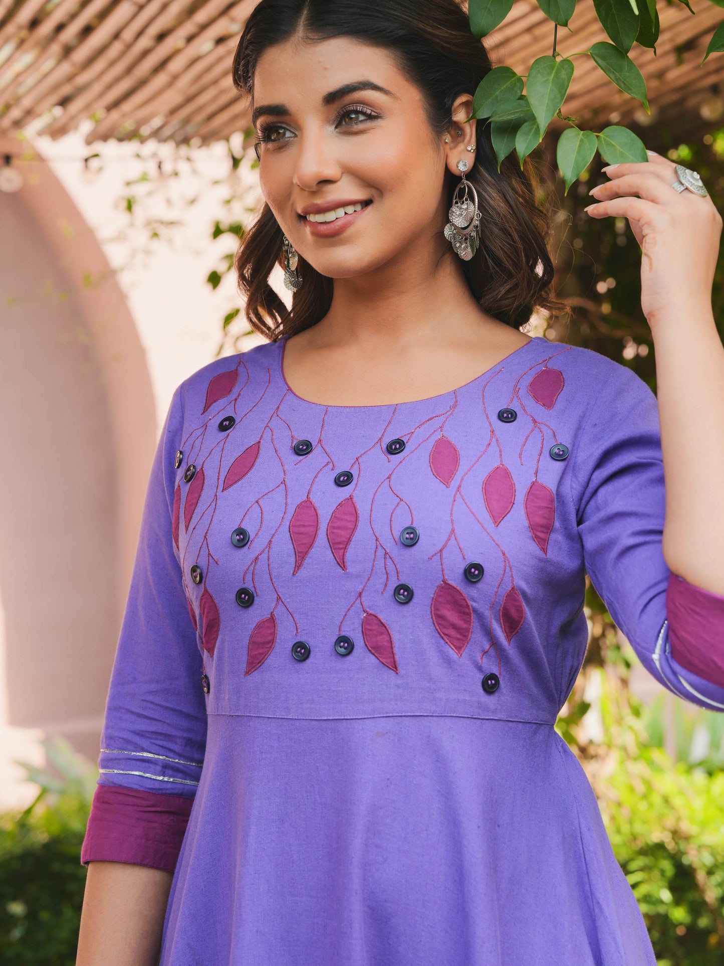 Embroidered Linen Cotton Solid Anarkali Purple Kurta
